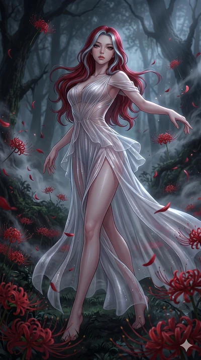 score_9, masterpiece, best quality, ultra-detailed, High-budget Anime Keyframe, East Asian woman. Low angle cowboy shot filling the entire 9:16 frame with her statuesque presence. Scenario 215: Dancing amidst falling red spider lilies in a misty dark