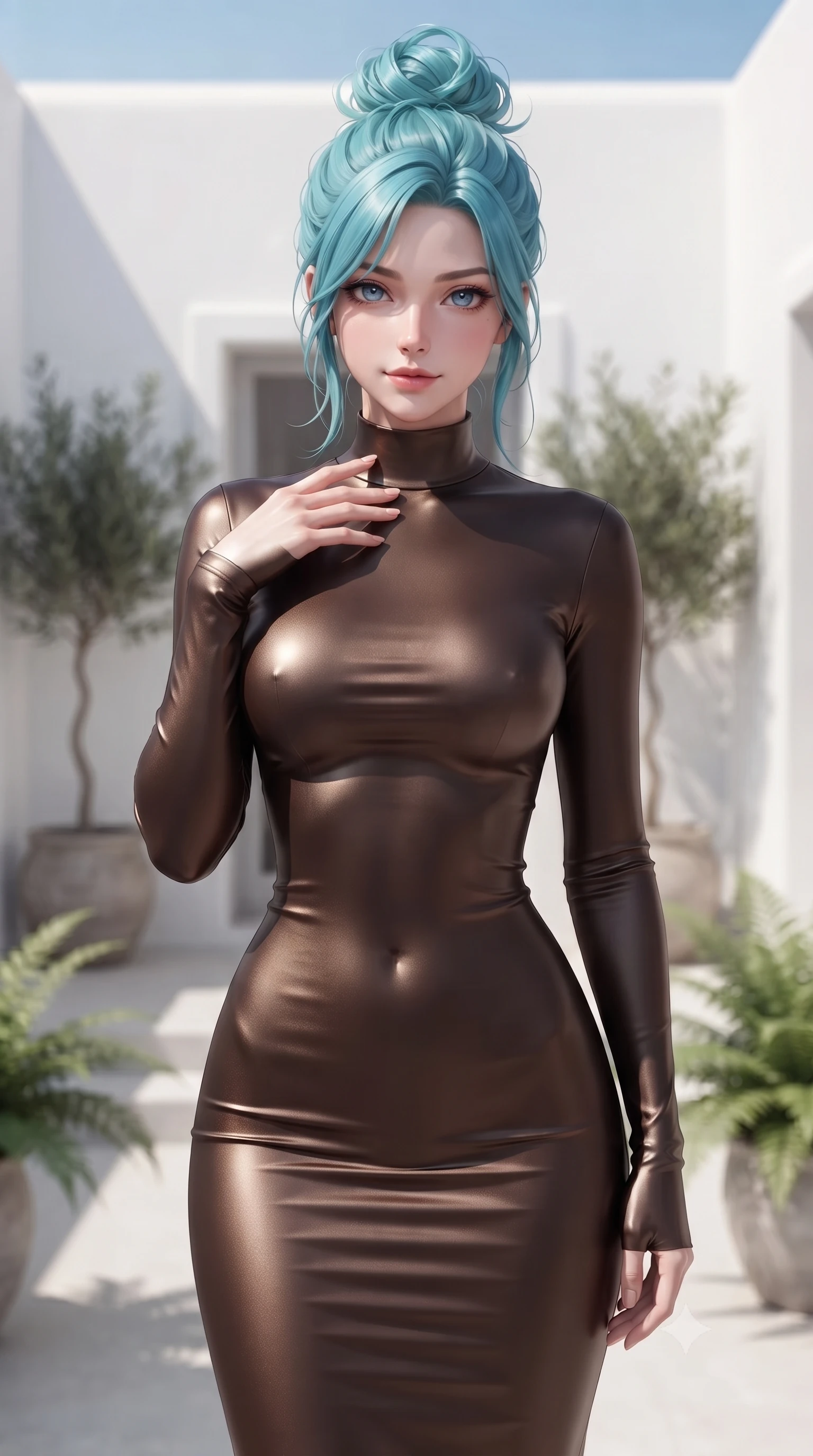 score_9, masterpiece, best quality, ultra-detailed, high-budget anime keyframe, editorial fashion photography, tasteful artistic composition, Japanese woman woman. close-up cowboy shot from the waist and thighs up, the character dominates the composition, filling the frame with her large presence, background elements kept in soft focus. standing with one hand resting on her collarbone, looking at the viewer with bedroom-eyes the background shows a soft-focus a white-walled minimal villa suite with a private terrace and potted plants. She has an exceptionally elegant, slender, and willowy female figure with an ultra-slim waist, a gracefully sculpted slender torso, and a refined silhouette. sharp v-shaped jawline, high-bridge nose, intricate jewel-like eyes with depth, thick eyelashes, glossy lips with a natural sheen. wearing a slim-fit form-contouring long-sleeve mock-neck dress in rich espresso brown, detailed with a glove-like fit. bright morning sun rays creating fresh and energetic shadows. ultra-reflective glossy finish, specular highlights, metallic sheen, high-contrast stereoscopic depth, volumetric dynamic lighting, 2k, ultra detail, master piece, 9:16 ratio