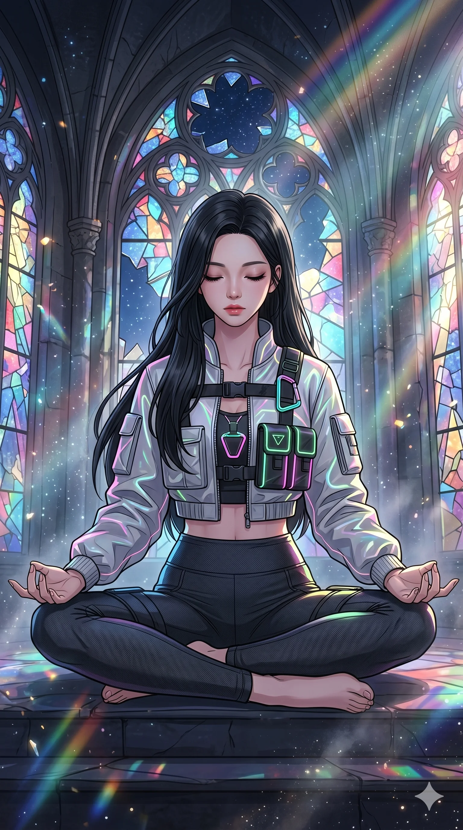 score_9, masterpiece, best quality, ultra-detailed, high-budget anime movie keyframe, cinematic anime lighting, intricate line art, Japanese woman. Upper body filling screen focusing on her alluring features and slim-fit silhouette. meditating peacefully in a shattered stained glass cathedral in a mist of stardust. She has an absolutely perfect 8-heads proportion, an exceptionally tall and slender female figure with an ultra-slim waist and impossibly long slender legs. sharp v-shaped jawline, high-bridge nose, intricate jewel-like eyes, thick eyelashes, glossy lips. Wearing modern urban tech-wear ensemble with a cropped reflective bomber jacket, ultra-slim high-waisted cargo leggings, and tactical harness with neon-lit pouches. The scene is illuminated by dramatic atmospheric lighting and vibrant color palettes. , 2k, ultra detail, master piece, 9:16 ratio