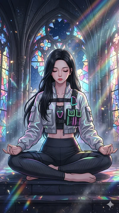 score_9, masterpiece, best quality, ultra-detailed, high-budget anime movie keyframe, cinematic anime lighting, intricate line art, Japanese woman. Upper body filling screen focusing on her alluring features and slim-fit silhouette. meditating peacef