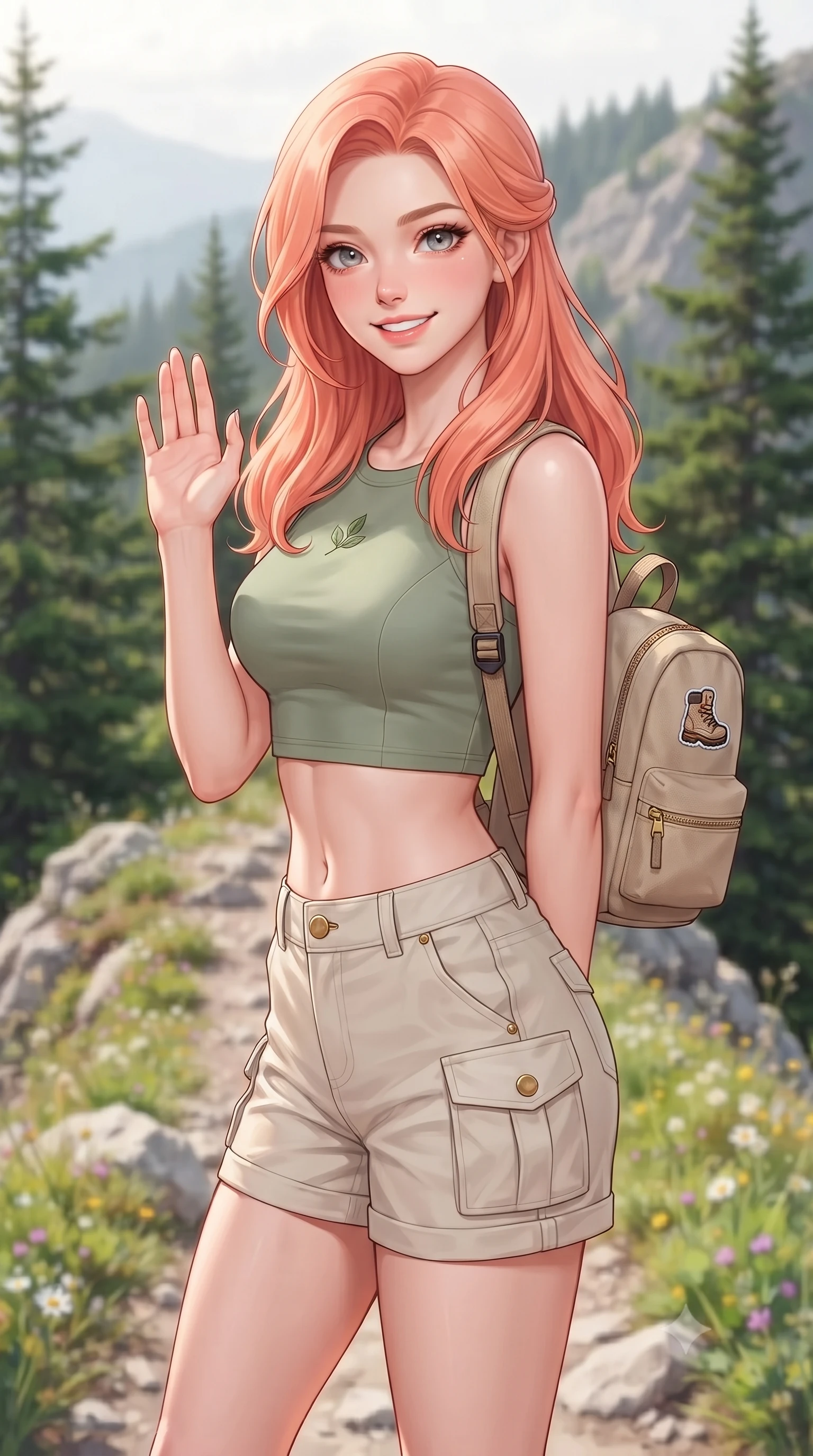 score_9, masterpiece, best quality, ultra-detailed, high-budget anime keyframe, editorial fashion photography, tasteful artistic composition, Japanese woman. close-up cowboy shot from the waist and thighs up, the character dominates the composition, filling the frame with her large presence, background elements kept in soft focus. flashing a sweet, beaming smile while waving one hand gently toward the camera set against a soft-focus background of on a rocky ridge path with green pine trees and wildflowers carrying a small sporty backpack with a cute hiking badge. She has an exceptionally elegant, slender, and willowy female figure with an ultra-slim waist, a gracefully sculpted slender torso, and a refined silhouette. sharp v-shaped jawline, high-bridge nose, intricate jewel-like eyes with depth, thick eyelashes, glossy lips with a natural sheen. wearing tailored stylish crop top in sage green, paired with lightweight cargo shorts. soft diffused daylight creating a clean, high-key panoramic glow. highly saturated vibrant anime colors, detailed shading with soft gradients, rich glossy textures, high-contrast stereoscopic depth, volumetric dynamic lighting, master piece, 9:16 ratio