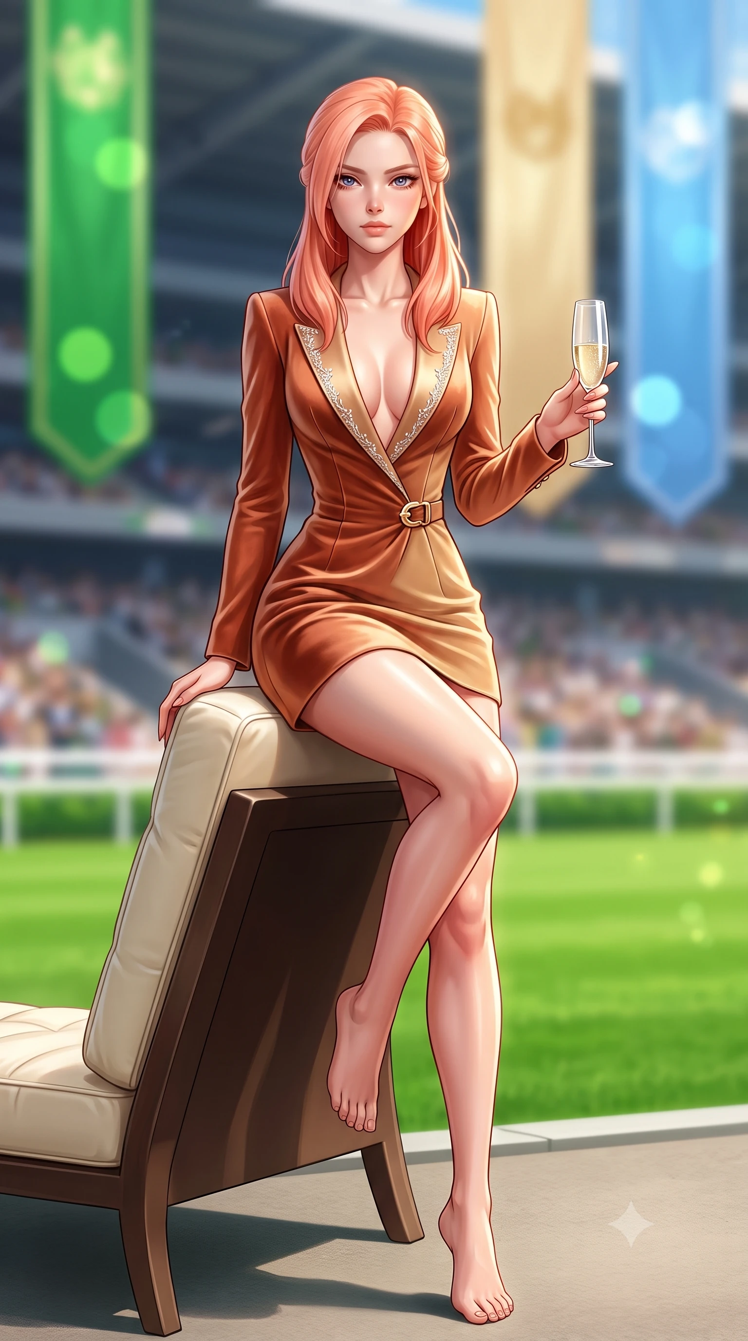 score_9, masterpiece, best quality, ultra-detailed, high-budget anime keyframe, semi-realistic 3D game render, editorial fashion photography, tasteful artistic composition, Japanese woman. low angle full-body shot from head to toe showing her feet, filling the entire 9:16 vertical frame with her statuesque presence, stretching her vertical silhouette. leaning deep against the structural architecture with hips cocked in an unapologetically bold, seductive high-fashion stance while perching on the armrest of a plush cream leather lawn lounger with legs crossed, arching her lower back while holding a crystal champagne flute. The composition keeps background elements in soft focus with creamy bokeh. emerald green turf racetracks and towering grandstand banners blurred into vibrant clover, champagne-gold, and sky-blue bokeh. She has an exceptionally tall and slender model-like 8.5-heads proportion, an ultra-slim waist, a flat toned midriff, narrow delicate ribcage, and beautifully sculpted feminine hips creating a graceful, slim hourglass silhouette without any bulky heaviness, with impossibly long slender legs. sharp v-shaped jawline, high-bridge nose, intricate jewel-like eyes with depth, thick eyelashes, glossy parted lips with a natural sheen, intensely captivating and seductive bedroom-eyes expression, flawlessly proportioned anatomical accuracy, strict slender model proportions, natural body alignment, perfectly sculpted long slender limbs, ultra-slim waistline, clean dynamic posture without body distortion. wearing a tailored velvet tuxedo jacket dress with satin lapels, worn with a deep plunge neckline and gold hip buckle in desert terracotta copper and sun-baked sand gold, made of fluid silk crepe with delicate inner corsetry boning, finished with delicate crystal frost embroidery tracing the plunging neckline, the second-skin form-contouring cut accentuating her sculpted flat midriff, narrow delicate ribcage, and gracefully curvy hips with supermodel precision. illuminated by sharp specular highlights carving her sculpted collarbones, flat toned midriff, and rounded hips. highly saturated vibrant anime colors, detailed shading with soft gradients, rich glossy textures, high-contrast stereoscopic depth, volumetric dynamic lighting, master piece, 9:16 ratio