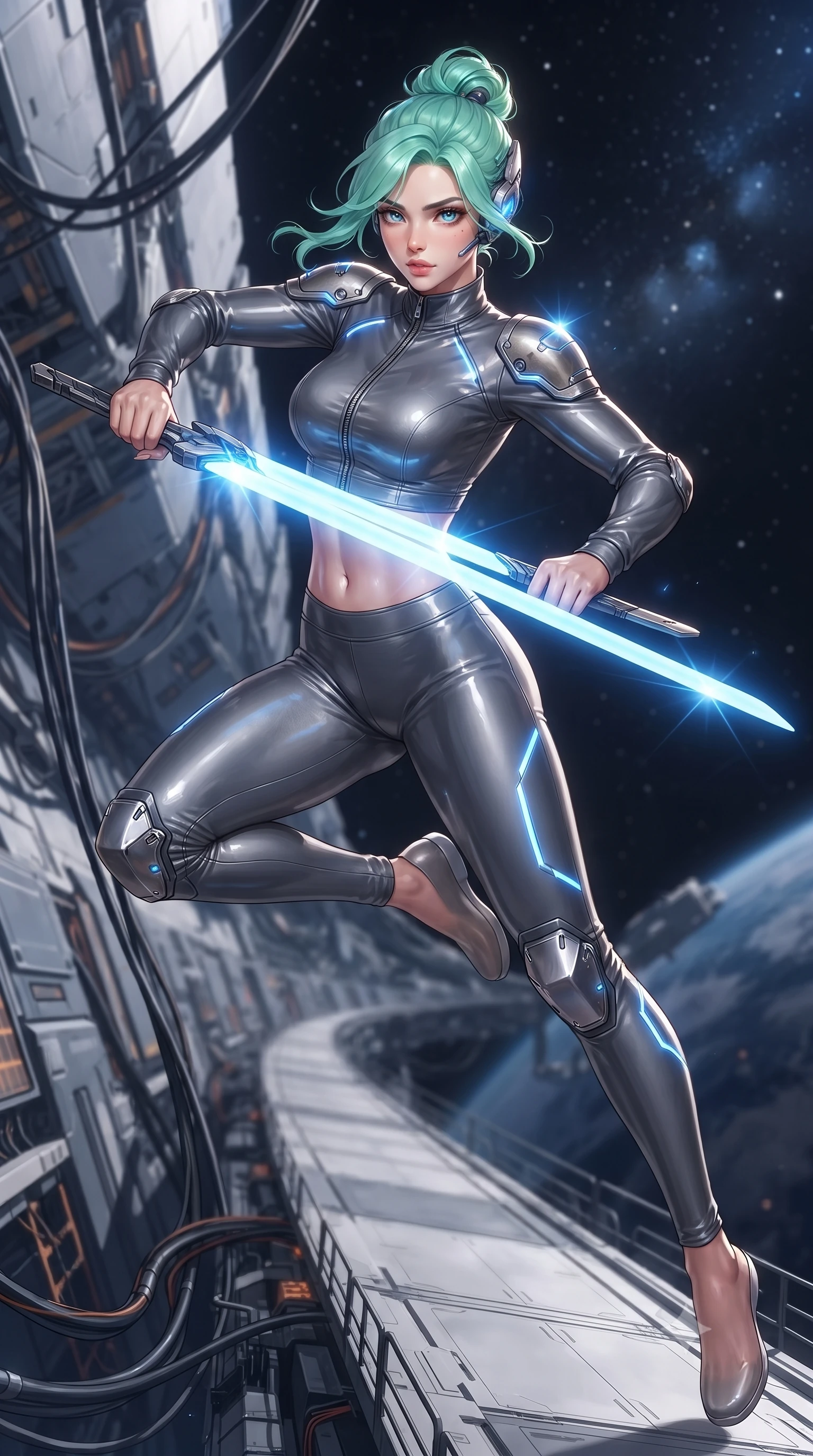 score_9, masterpiece, best quality, ultra-detailed, high-budget anime keyframe, editorial fashion photography, tasteful artistic composition, Japanese woman. low angle full-body shot from head to toe showing her feet, filling the entire 9:16 vertical frame with her statuesque presence, stretching her vertical silhouette. leaping forward while slashing with a twin-bladed plasma sword in mid-air, her body-contouring suit showing her athletic silhouette, the background shows a soft-focus a maintenance catwalk tracking along the edge of a solar wind collector. She has an absolutely perfect, statuesque 8.5-heads proportion, an exceptionally tall and slender model-like female figure with impossibly long slender legs and an ultra-slim waist. sharp v-shaped jawline, high-bridge nose, intricate jewel-like eyes with depth, thick eyelashes, glossy lips with a natural sheen. wearing a slim-fit body-hugging high-neck activewear set of a tailored zip-up long-sleeve crop top and matching leggings in carbon-grey. arcs of blue solar plasma discharging and illuminating her carbon armor. ultra-reflective glossy finish, specular highlights, metallic sheen, high-contrast stereoscopic depth, volumetric dynamic lighting, 2k, ultra detail, master piece, 9:16 ratio