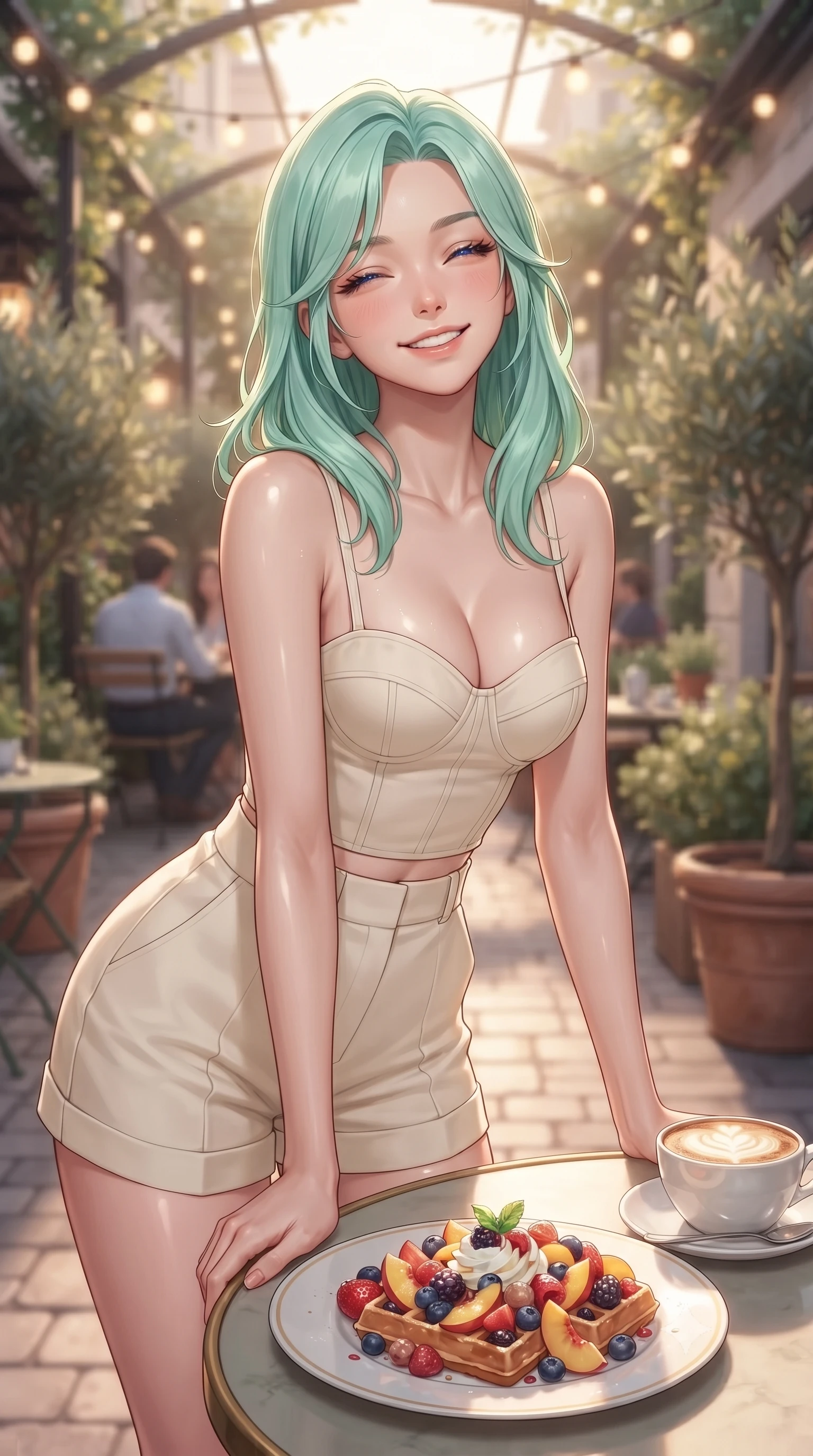 score_9, masterpiece, best quality, ultra-detailed, high-budget anime keyframe, editorial fashion photography, tasteful artistic composition, Japanese woman. close-up cowboy shot from the waist and thighs up, the character dominates the composition, filling the frame with her large presence, background elements kept in soft focus. smiling happily with closed eyes, enjoying the warm sunbeams on her face set against a soft-focus background of at an outdoor garden table of a cozy Italian bistro decorated with fairy lights with a plate of fresh fruit waffles and a cup of coffee on the table. She has an exceptionally elegant, slender, and willowy female figure with an ultra-slim waist, a gracefully sculpted slender torso, and a refined silhouette. sharp v-shaped jawline, high-bridge nose, intricate jewel-like eyes with depth, thick eyelashes, glossy lips with a natural sheen. wearing slim-fit tailored cotton bustier top paired with high-waist tailored shorts. gentle, warm ambient lighting highlighting the delicious food and her face. ultra-reflective glossy finish, specular highlights, metallic sheen, high-contrast stereoscopic depth, volumetric dynamic lighting, 2k, ultra detail, master piece, 9:16 ratio