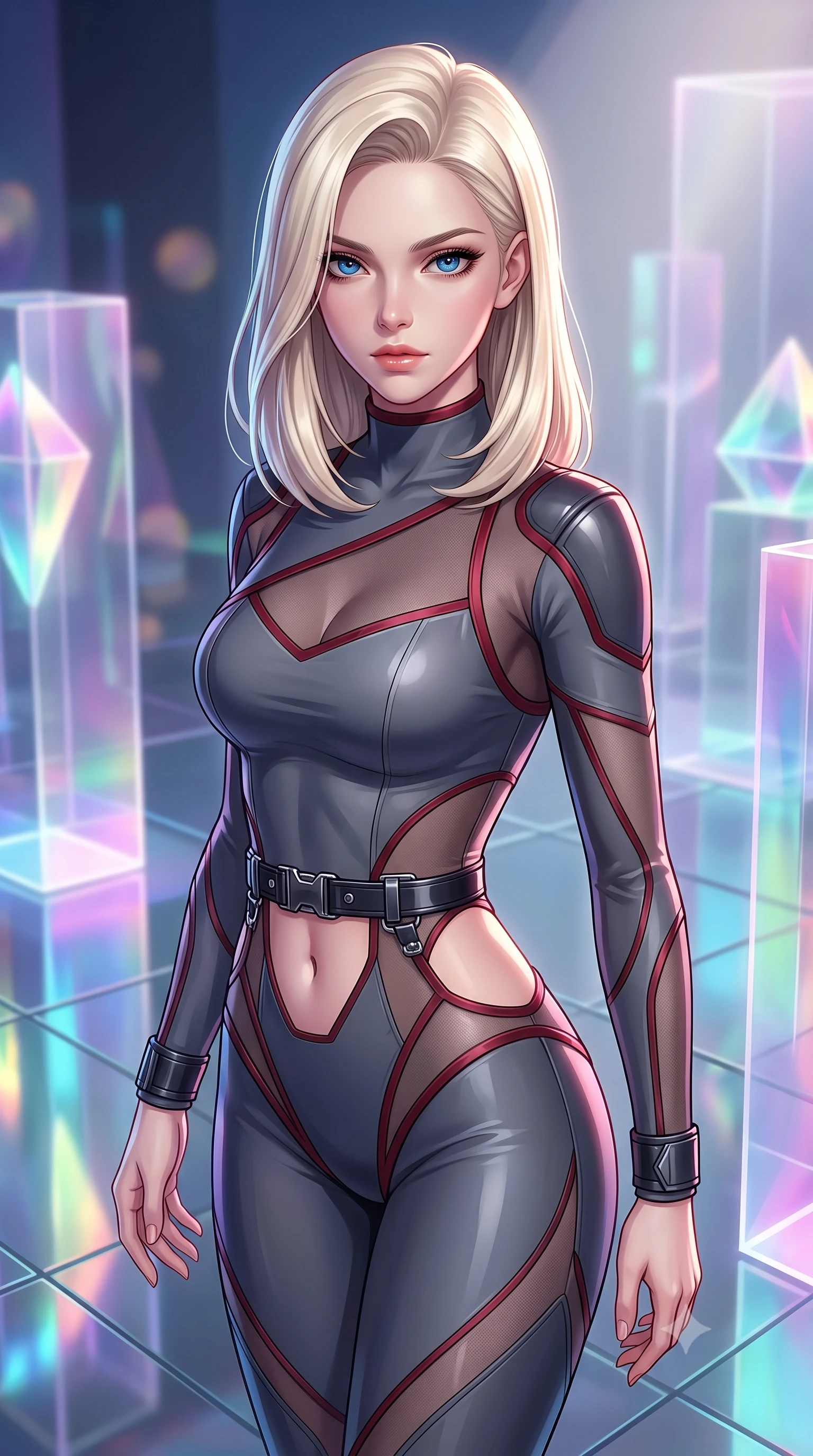 score_9, masterpiece, best quality, ultra-detailed, high-budget anime keyframe, semi-realistic 3D game render, editorial fashion photography, tasteful artistic composition, Caucasian woman. close-up cowboy shot from the waist and thighs up, the character dominates the composition, filling the frame with her large presence. radiating intense magnetic charisma with jewel-like eyes locked onto the viewer, her upper body turning in a dynamic, fluid S-curve while pivoting gracefully on a mirrored floor as infinite reflections of light and color surround her slender frame. The composition keeps background elements in soft focus with creamy bokeh. translucent acrylic art installations and geometric light prisms softened in dreamy shallow focus. She has an exceptionally elegant, slender, and willowy female figure with an ultra-slim waist, a gracefully sculpted slender torso, toned flat midriff, and a refined slim silhouette. sharp v-shaped jawline, high-bridge nose, intricate jewel-like eyes with depth, thick eyelashes, glossy lips with a natural sheen, captivating and magnetic expression, flawlessly proportioned anatomical accuracy, strict slender model proportions, natural body alignment, perfectly sculpted long slender limbs, ultra-slim waistline, clean dynamic posture without body distortion. wearing a sharp asymmetrical spy bodysuit with sheer contouring mesh panels, reinforced strike shoulders, and utility waist harness in storm grey and dark scarlet trim, made of high-mobility liquid jersey and semi-opaque reinforced mesh, accented with concealed lockpick wristbands and polished dark chrome hardware, the precision-cut daring openings accentuating her delicate midriff, graceful bare collarbones, and ultra-slim feminine waistline. bathed in dynamic color-shifting LED ambient illumination and pure white spotlight fill. highly saturated vibrant anime colors, detailed shading with soft gradients, rich glossy textures, high-contrast stereoscopic depth, volumetric dynamic lighting, master piece, 9:16 ratio