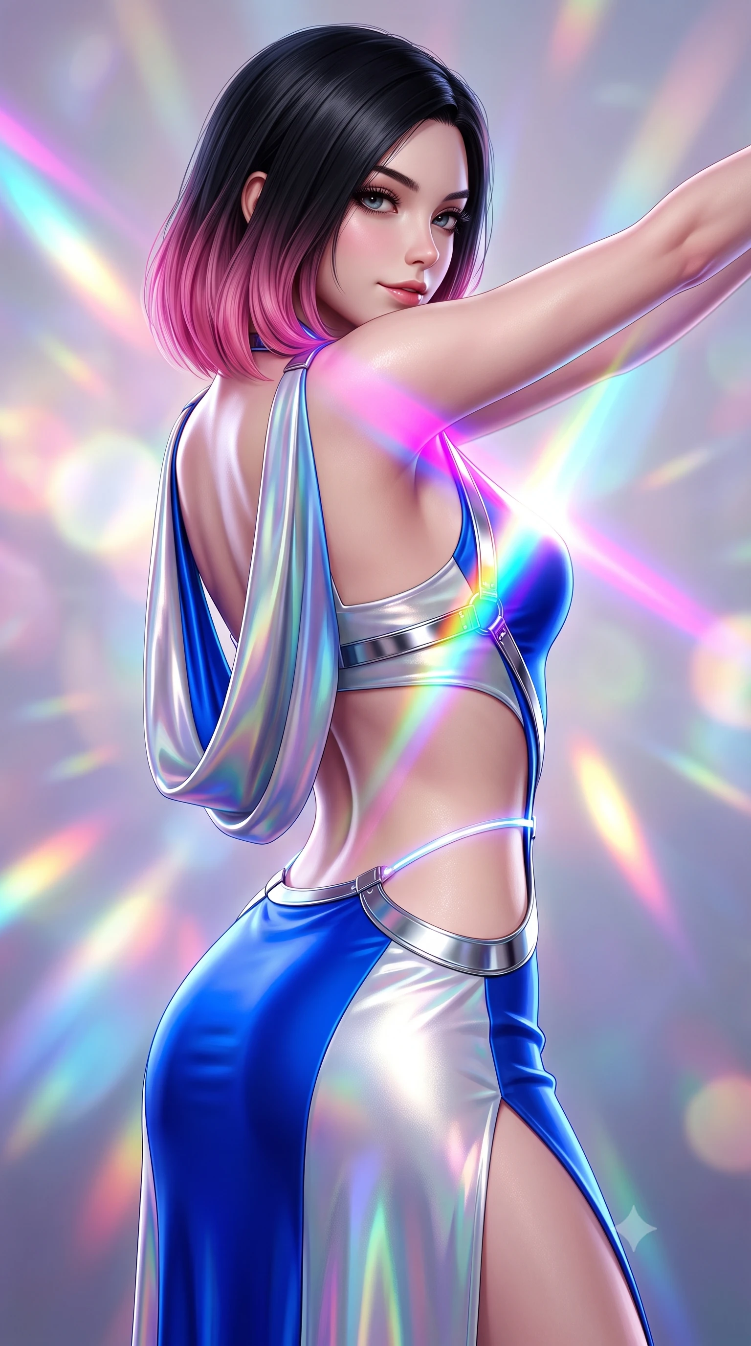 score_9, masterpiece, best quality, ultra-detailed, high-budget anime keyframe, semi-realistic 3D game render, editorial fashion photography, tasteful artistic composition, Korean woman. close-up cowboy shot from the waist and thighs up, the character dominates the composition, filling the frame with her large presence. stretching forward with an alluring arch of her spine, glancing over her shoulder with thick eyelashes and a smoldering half-smile while twisting her upper body in a dynamic S-curve as brilliant magenta, cyan, and yellow prism beams cross her chest. The composition keeps background elements in soft focus with creamy bokeh. bright multi-colored light refractions creating a glowing, spectrum-lit backdrop. She has an exceptionally elegant, slender, and willowy female figure with an ultra-slim waist, a gracefully sculpted slender torso, toned flat midriff, and a refined slim silhouette. sharp v-shaped jawline, high-bridge nose, intricate jewel-like eyes with depth, thick eyelashes, glossy lips with a natural sheen, flawlessly proportioned anatomical accuracy, strict slender model proportions, natural body alignment, perfectly sculpted long slender limbs, ultra-slim waistline, clean dynamic posture without body distortion. wearing a precision-fitted liquid jersey bodycon dress with a dramatic draped cowl back that swoops down to her waist and a high side slit in liquid electric cobalt blue and polished silver, made of smooth iridescent silk chiffon that shifts colors with movement, reinforced by a sleek metallic chrome harness and delicate glowing micro-straps, the precision-cut daring openings accentuating her delicate midriff, graceful bare collarbones, and ultra-slim feminine waistline. surrounded by a hyper-creative, radiant, and fiercely chic modern fashion editorial aura. highly saturated vibrant anime colors, detailed shading with soft gradients, rich glossy textures, high-contrast stereoscopic depth, volumetric dynamic lighting, master piece, 9:16 ratio