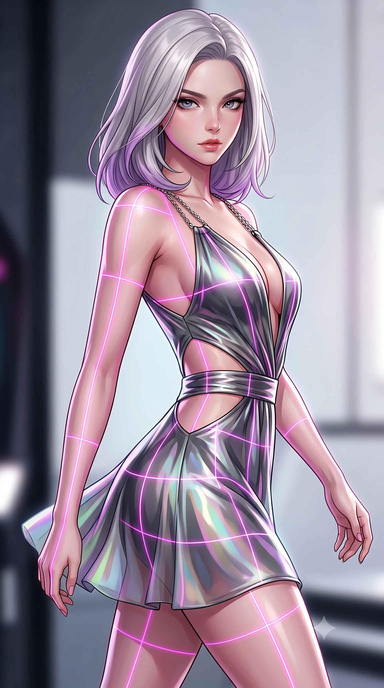 score_9, masterpiece, best quality, ultra-detailed, high-budget anime keyframe, editorial fashion photography, tasteful artistic composition, Caucasian woman. close-up cowboy shot from the waist and thighs up, the character dominates the composition, filling the frame with her large presence, background elements kept in soft focus. Pivoting sharply while looking back over her shoulder with heavy lashes and a confident, intense gaze while pivoting in a mid-stride turn as neon magenta laser lines trace her statuesque curves, laser lines casting precise geometric grid highlights on her athletic form. She has an exceptionally elegant, slender, and willowy female figure with an ultra-slim waist, a gracefully sculpted slender torso, and a refined silhouette. sharp v-shaped jawline, high-bridge nose, intricate jewel-like eyes with depth, thick eyelashes, glossy lips with a natural sheen, flawlessly proportioned anatomical accuracy, natural body alignment, perfectly sculpted elegant limbs, clean dynamic posture without body distortion. wearing a liquid mercury gloss mini dress with ultra-deep V-neck and waist cutouts in charcoal grey and platinum, crafted from iridescent chiffon that shifts colors in the light, adorned with delicate metallic chain straps along the neckline, the sleek second-skin texture accentuating her magnetic presence. surrounded by a crisp high-tech illumination with high specular contrast. highly saturated vibrant anime colors, detailed shading with soft gradients, rich glossy textures, high-contrast stereoscopic depth, volumetric dynamic lighting, master piece, 9:16 ratio