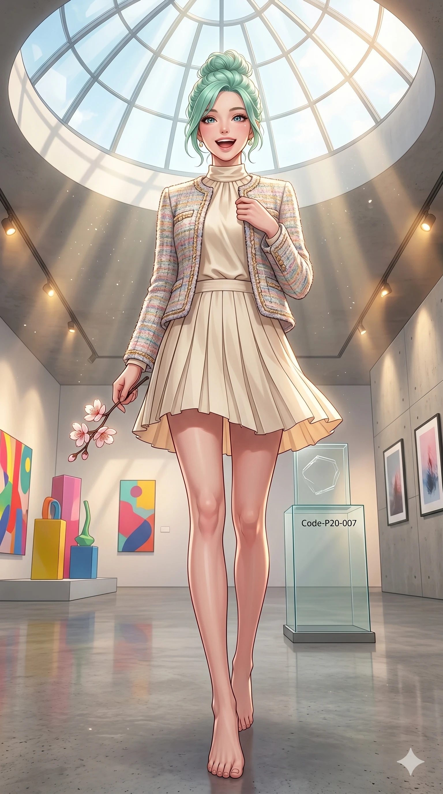 score_9, masterpiece, best quality, ultra-detailed, high-budget anime keyframe, vibrant anime aesthetic, Japanese woman. low angle full-body shot from head to toe showing her feet, filling the entire 9:16 vertical frame with her statuesque presence, stretching her vertical silhouette. She is holding a spring flower with a bright laugh, casting a warm-eyed gaze at the camera inside a bright, minimalist art gallery with colorful modern installations and warm spotlights (Code-P20-007). She has an absolutely perfect 8-heads proportion, an exceptionally tall and slender female figure with impossibly long slender legs and an ultra-slim waist. V-shaped jawline, high-bridge nose, intricate jewel-like eyes with depth, thick eyelashes, glossy lips with a natural sheen. wearing a chic tweed jacket over a high-neck silk top and a pleated skirt. She is illuminated by dramatic, volumetric sunlight streaming through a glass atrium dome. 2k, ultra detail, master piece, 9:16 ratio