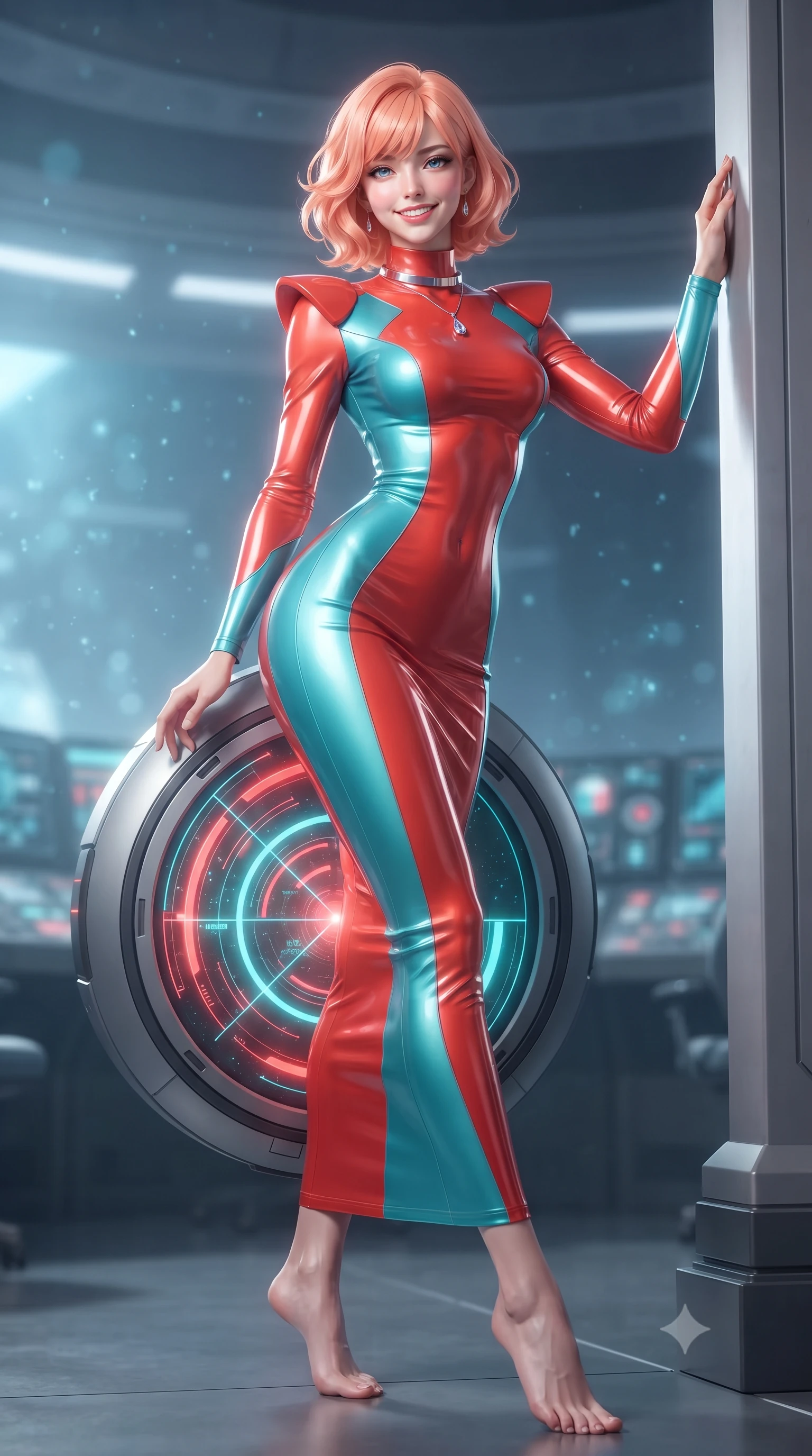 score_9, masterpiece, best quality, ultra-detailed, high-budget anime keyframe, editorial fashion photography, tasteful artistic composition, Japanese woman. low angle full-body shot from head to toe showing her feet, filling the entire 9:16 vertical frame with her statuesque presence, stretching her vertical silhouette. standing tall beside the architectural column, one hand resting high while arching her lower back to emphasize her sculpted feminine hips and slender waist while leaning against the circular tactical holotank with hips cocked back, looking through glowing red and cyan fleet vectors with intoxicating smoldering bedroom-eyes. The background shows a soft-focus cool atmospheric particulate glow softened in supreme command war-room shallow focus. She has an exceptionally tall and slender model-like 8.5-heads proportion, an ultra-slim waist, a flat toned midriff, narrow delicate ribcage, and beautifully sculpted feminine hips creating a graceful, slim hourglass silhouette without any bulky heaviness, with impossibly long slender legs. sharp v-shaped jawline, high-bridge nose, intricate jewel-like sparkling eyes with depth, thick eyelashes, glossy parted lips with a natural peach sheen, bright cheerful beaming smile with an enchanting and coquettish sensual glint, exuding both youthful cute charm and seductive allure, flawlessly proportioned anatomical accuracy, strict slender model proportions, natural body alignment, perfectly sculpted long slender limbs, ultra-slim waistline, clean dynamic posture without body distortion. wearing a body-hugging liquid mercury jersey combat gown with high mock neck and structured shoulder pads clinging flawlessly to her silhouette in cyber-shinto vermilion and laser turquoise, woven from buttery-soft stretch lambskin leather adhering to her body like a second skin, finished with a minimalist chrome choker and a single teardrop diamond pendant, the form-contouring silhouette accentuating her sculpted flat midriff, narrow delicate ribcage, and gracefully curvy hips with intoxicating allure. bathed in the multi-colored celestial glow of the rotating holographic star system contrasted with subtle floor-level warm lights. ultra-reflective glossy finish, specular highlights, rich textural contrasts, high-contrast stereoscopic depth, volumetric dynamic lighting, 2k, ultra detail, master piece, 9:16 ratio