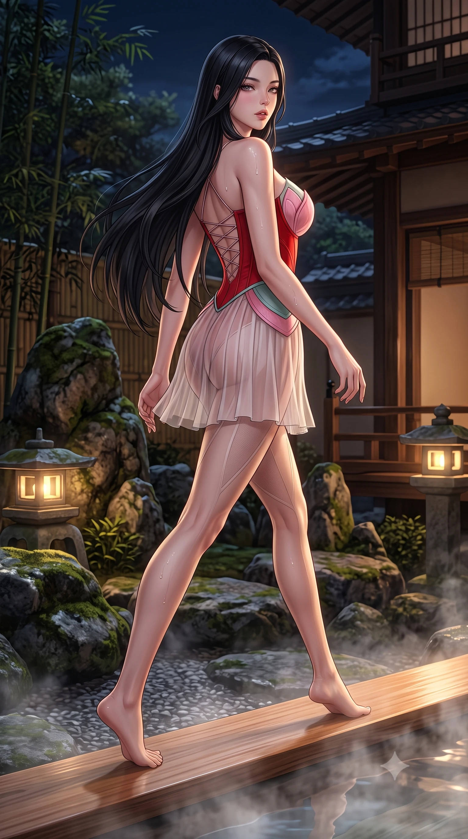 score_9, masterpiece, best quality, ultra-detailed, high-budget anime keyframe, semi-realistic 3D game render, editorial fashion photography, tasteful artistic composition, Korean woman. low angle full-body shot from head to toe showing her feet, filling the entire 9:16 vertical frame with her statuesque presence, stretching her vertical silhouette. striding forward in a proud supermodel runway stride, hips swaying in an alluring kinetic rhythm that accentuates her curvy hourglass silhouette while perching on the smooth cedar wood rim of a steaming outdoor footbath, water droplets beading on her hip as she glances back with parted glossy lips. The surrounding environment is rendered in vivid detail and crisp panoramic clarity. atmospheric nocturnal Japanese chiaroscuro and serene hot-spring retreat luxury rendered with precision. She has an absolutely perfect, statuesque 8.5-heads proportion, an exceptionally tall and slender model-like female figure with impossibly long slender legs, a toned flat midriff, an ultra-slim waist, and beautifully sculpted feminine hips. sharp v-shaped jawline, high-bridge nose, intricate jewel-like eyes with depth, thick eyelashes, glossy parted lips with a natural sheen, intensely captivating and seductive bedroom-eyes expression, flawlessly proportioned anatomical accuracy, strict slender model proportions, natural body alignment, perfectly sculpted long slender limbs, ultra-slim waistline, clean dynamic posture without body distortion. wearing a sacred shrine maiden couture robe with sheer pleated chiffon skirt and structured scarlet corset top in lotus petal pink and jade mist, made of sheer contouring power-mesh panels with anatomical curve lines, finished with a dramatic open back framed by criss-cross delicate silk cords, the glove-like aerodynamic silhouette tightly following the natural contour of her hips and long slender legs with statuesque precision. surrounded by a tranquil, poetic, and deeply sensual Japanese ryokan muse aura. highly saturated vibrant anime colors, detailed shading with soft gradients, rich glossy textures, high-contrast stereoscopic depth, volumetric dynamic lighting, master piece, 9:16 ratio