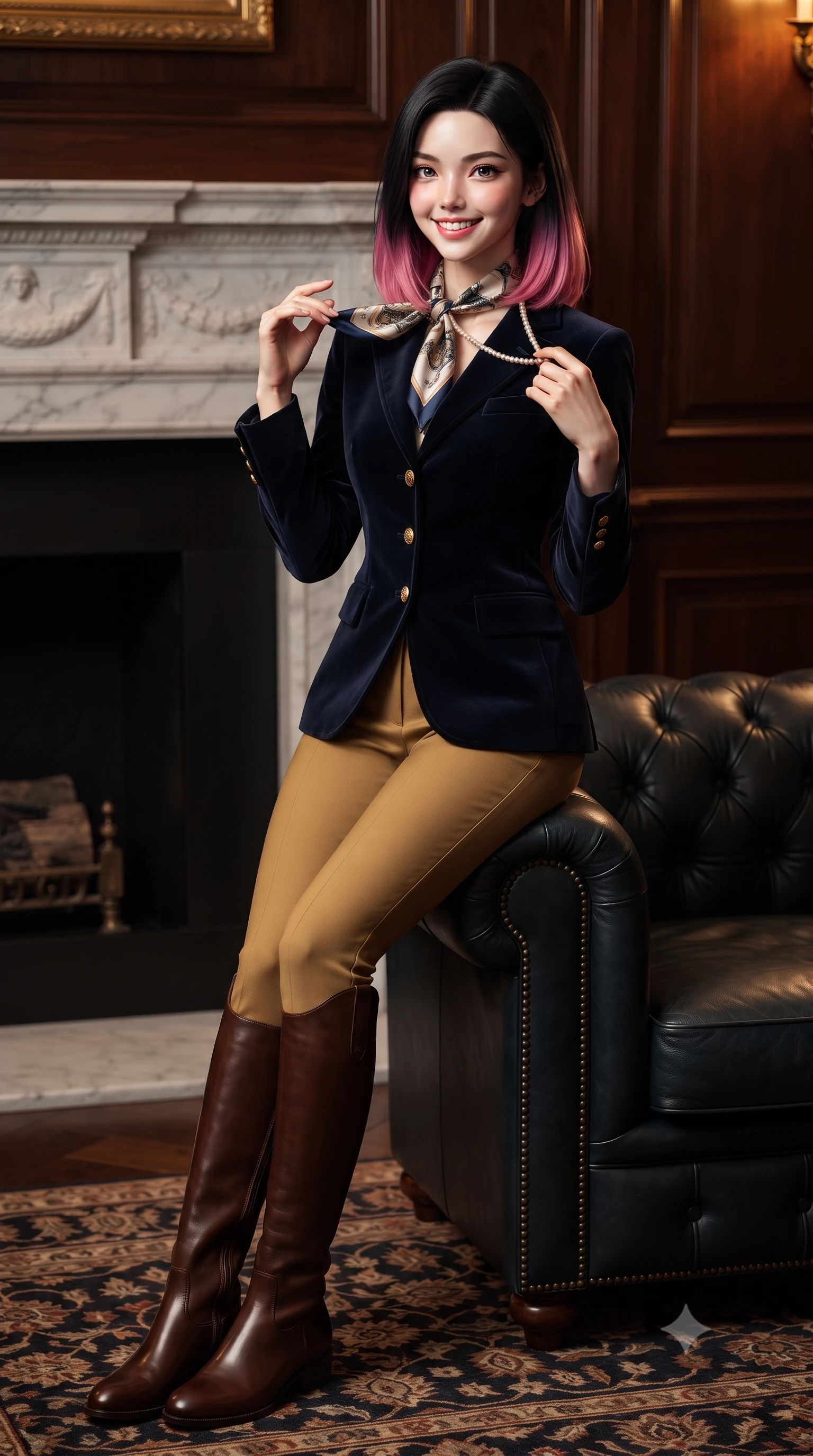 score_9, masterpiece, best quality, ultra-detailed, high-budget anime keyframe, editorial fashion photography, tasteful artistic composition, Korean woman. close-up cowboy shot from the waist and thighs up, the character dominates the composition, filling the frame with her large presence. touching her silk scarf with delicate fingertips while casting an affectionate, warm glance toward the lens while perched sideways on the arm of the leather sofa, one hand toyed playfully with her pearl necklace as she glances toward the viewer. The surrounding environment is rendered in vivid detail and crisp panoramic clarity: sharp carved Carrara marble fireplace mantel relief, diamond-tufted leather button creases, and hand-knotted wool rug pile in deep focus. She has an exceptionally elegant, slender, and willowy female figure with an ultra-slim waist, flat toned midriff, narrow ribcage, and sculpted feminine hips creating an alluring, slim hourglass silhouette without bulk. sharp v-shaped jawline, high-bridge nose, intricate jewel-like sparkling eyes with depth, thick eyelashes, glossy parted lips with a natural peach sheen, bright cheerful beaming smile with an enchanting and coquettish sensual glint, exuding both youthful cute charm and seductive allure, flawlessly proportioned anatomical accuracy, strict slender model proportions, natural body alignment, perfectly sculpted long slender limbs, ultra-slim waistline, clean dynamic posture without body distortion. wearing a tailored velvet collar wool equestrian blazer paired with slim-cut riding trousers and knee-high leather boots in Ginza vintage brass gold and midnight navy, tailored from fine wool gabardine with crisp permanent pleats and sharp drape, finished with a printed silk twilly scarf knotted gracefully around her neck, the bespoke architectural tailoring hugging her natural waistline with sartorial precision, creating a clean graceful hourglass silhouette with tall model elegance. illuminated by dark wood paneling reflection bounce and warm amber rim lights sculpting her cheekbones, waistline, and slender posture. ultra-reflective glossy finish, specular highlights, rich textural contrasts, high-contrast stereoscopic depth, volumetric dynamic lighting, 2k, ultra detail, master piece, 9:16 ratio