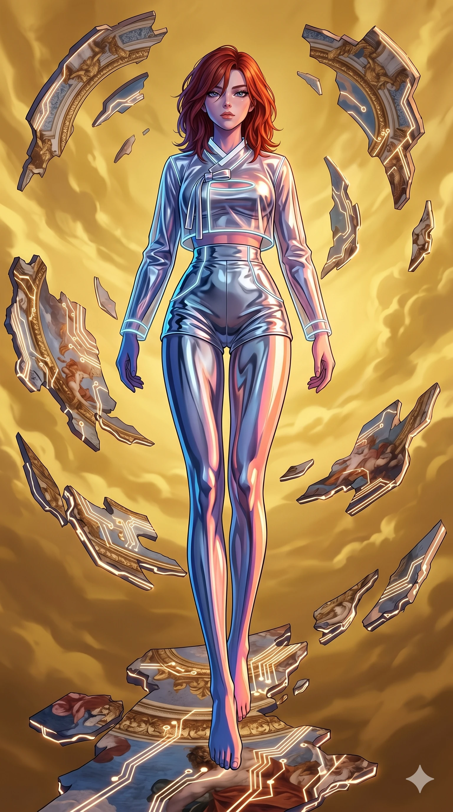 score_9, masterpiece, best quality, ultra-detailed, high-budget anime keyframe, Caucasian woman, strictly human ears. low angle full-body shot filling the entire 9:16 frame with her statuesque presence, stretching the vertical silhouette. propelling herself off digital baroque ceiling fresco shards that float and reassemble in a golden sky. She has an absolutely perfect 8-heads proportion, an exceptionally tall and slender female figure with impossibly long slender legs and an ultra-slim waist. V-shaped jawline, high-bridge nose, intricate jewel-like eyes with depth, thick eyelashes, glossy lips with a natural sheen.. wearing a vinyl liquid mercury fusion hanbok, featuring a translucent chrome-silver vinyl jeogori and high-waist micro-shorts, detailed with glowing neon wire trims and a tasteful chest slit. accented by dynamic color-blocked lighting with high-contrast shadows emphasizing her statuesque height. 2k, ultra detail, master piece, 9:16 ratio