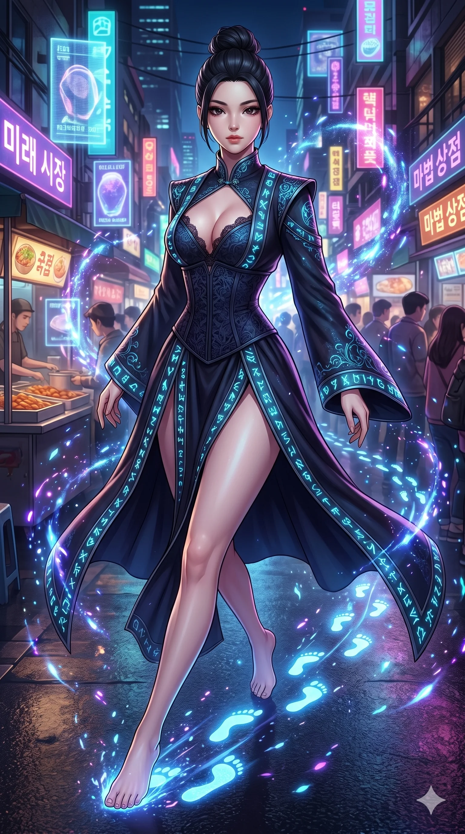 score_9, masterpiece, best quality, ultra-detailed, Set A: High-budget Anime Keyframe, Korean woman. Upper body close-up from the thighs up, character filling the screen for maximum presence. Sliding through a futuristic night market, as she leaves a trail of 278 glowing footprints and surrounded by glowing energy sparks. She has an absolutely perfect 8-heads proportion, an exceptionally tall and slender female figure with impossibly long slender legs and an ultra-slim waist. Sharp v-shaped jawline, high-bridge nose, intricate jewel-like eyes with depth, thick eyelashes, glossy lips with a natural sheen. Wearing Dark sorceress robes with glowing runes and a deep-cut lace corset. Cinematic lighting, vibrant colors, dramatic shadows, 2k, ultra detail, master piece, 9:16 ratio