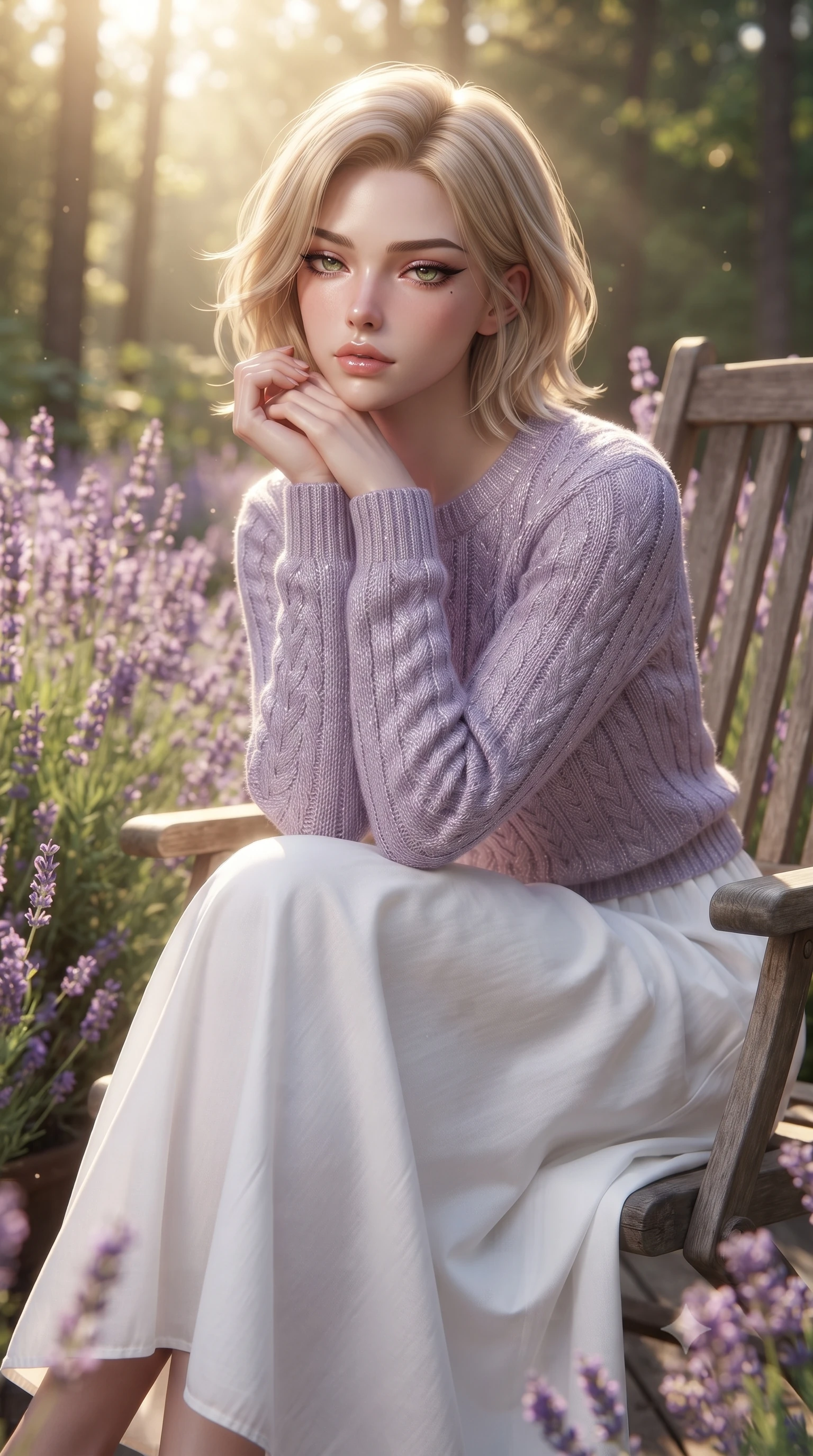 score_9, masterpiece, best quality, ultra-detailed, high-budget anime keyframe, editorial fashion photography, tasteful artistic composition, Caucasian woman. close-up cowboy shot from the waist and thighs up, the character dominates the composition, filling the frame with her large presence, background elements kept in soft focus. resting her chin on the backs of her fingers, casting a heavy-lidded, sultry look past the camera the background shows a soft-focus a private garden deck at a forest retreat, surrounded by wild lavender bushes. She has an exceptionally elegant, slender, and willowy female figure with an ultra-slim waist, a gracefully sculpted slender torso, and a refined silhouette. sharp v-shaped jawline, high-bridge nose, intricate jewel-like eyes with depth, thick eyelashes, glossy lips with a natural sheen. wearing a tailored soft lavender knit sweater paired with a flowy white cotton maxi skirt. soft golden afternoon sunbeams, casting a peaceful country glow. ultra-reflective glossy finish, specular highlights, metallic sheen, high-contrast stereoscopic depth, volumetric dynamic lighting, 2k, ultra detail, master piece, 9:16 ratio