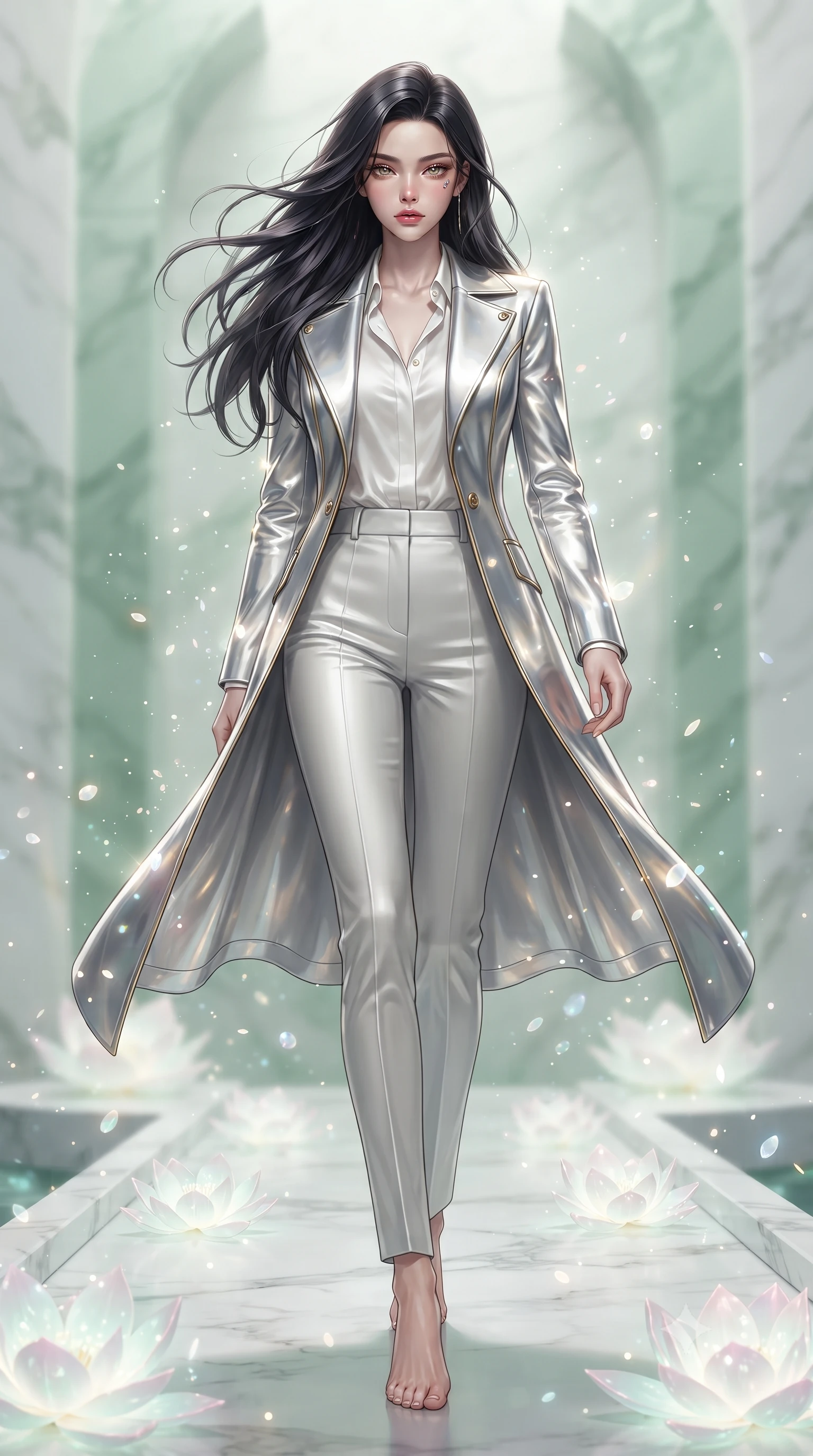 score_9, masterpiece, best quality, ultra-detailed, high-budget anime keyframe, editorial fashion photography, tasteful artistic composition, Korean woman. low angle full-body shot from head to toe showing her feet, filling the entire 9:16 vertical frame with her statuesque presence, stretching her vertical silhouette. interacting with floating opal particles, her long slender legs poised in motion, walking across a floating white marble bridge surrounded by bioluminescent lotus petals, soft green and white marble architecture in background soft-focus. She has an absolutely perfect, statuesque 8.5-heads proportion, an exceptionally tall and slender model-like female figure with impossibly long slender legs and an ultra-slim waist. sharp v-shaped jawline, high-bridge nose, intricate jewel-like eyes with depth, thick eyelashes, glossy lips with a natural sheen. wearing structured platinum leather long coat over white silk blouse and tailored slacks in radiant platinum, made of sculpted platinum chrome, finished with metallic gold boning and sleek zipper points, contouring every curve with an exceptionally elegant silhouette. surrounded by a gentle glowing aura of crystal lotus light. ultra-reflective glossy finish, specular highlights, metallic sheen, high-contrast stereoscopic depth, volumetric dynamic lighting, 2k, ultra detail, master piece, 9:16 ratio
