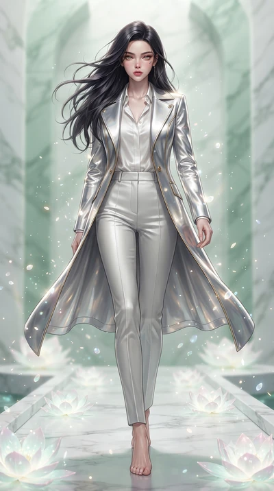 score_9, masterpiece, best quality, ultra-detailed, high-budget anime keyframe, editorial fashion photography, tasteful artistic composition, Korean woman. low angle full-body shot from head to toe showing her feet, filling the entire 9:16 vertical f