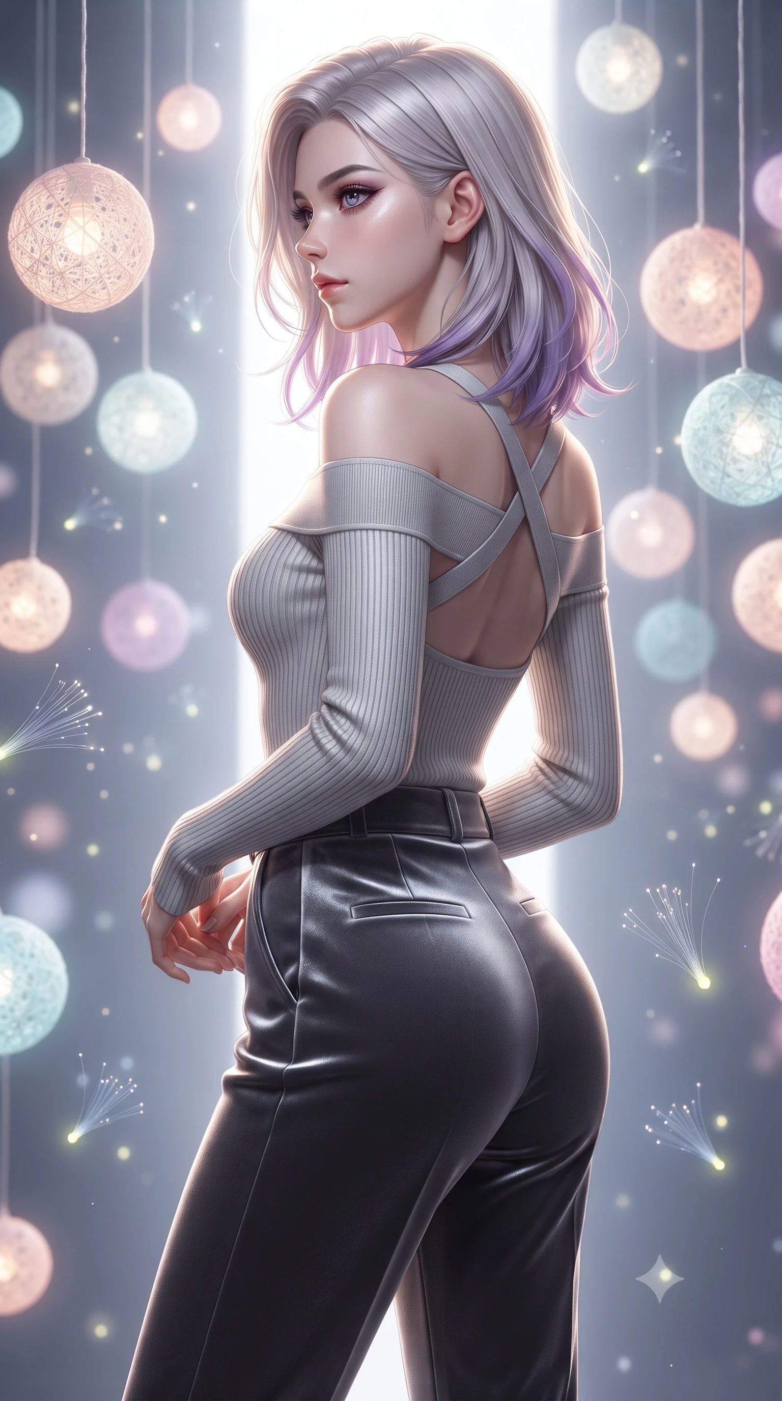 score_9, masterpiece, best quality, ultra-detailed, high-budget anime keyframe, editorial fashion photography, tasteful artistic composition, Caucasian woman. close-up cowboy shot from the waist and thighs up, the character dominates the composition, filling the frame with her large presence, background elements kept in soft focus. Turning her face in sharp dramatic profile against the bright light, showcasing her sharp v-shaped jawline resting amidst suspended illuminated yarn spheres glowing with pastel tones, glowing fiber optic motes drifting like fireflies in the background. She has an exceptionally elegant, slender, and willowy female figure with an ultra-slim waist, a gracefully sculpted slender torso, and a refined silhouette. sharp v-shaped jawline, high-bridge nose, intricate jewel-like eyes with depth, thick eyelashes, glossy lips with a natural sheen. wearing a sleek off-shoulder ribbed knit top paired with high-waist tailored pants in charcoal grey and platinum, made of premium stretch velvet with a rich sheen, complemented by criss-cross back straps highlighting her bare shoulders, the glove-like fit emphasizing her statuesque silhouette. illuminated by the brilliant glow of cyan and gold luminescent threads. ultra-reflective glossy finish, specular highlights, metallic sheen, high-contrast stereoscopic depth, volumetric dynamic lighting, 2k, ultra detail, master piece, 9:16 ratio