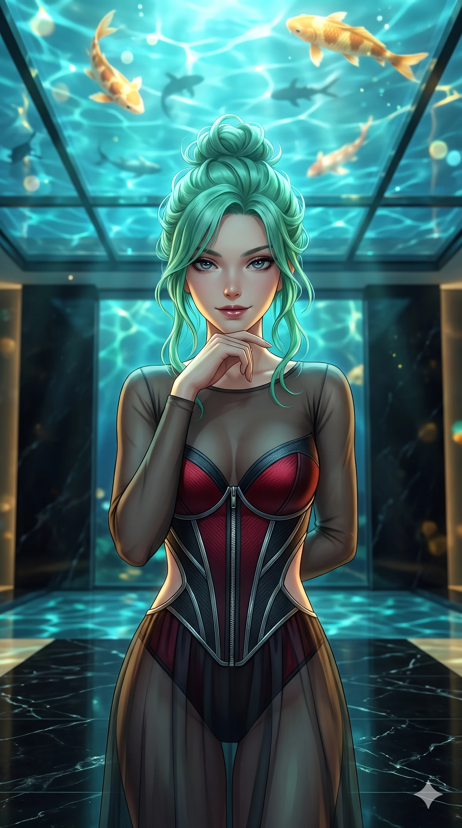 score_9, masterpiece, best quality, ultra-detailed, high-budget anime keyframe, semi-realistic 3D game render, editorial fashion photography, tasteful artistic composition, Japanese woman. close-up cowboy shot from the waist and thighs up, the character dominates the composition, filling the frame with her large presence. resting her chin on the backs of her fingers with an air of effortless superiority and parted glossy lips while standing poised on the black marble floor beneath the transparent glass ceiling, looking up as golden koi swim through illuminated waters overhead. The background shows a soft-focus swimming koi silhouettes overhead, shimmering turquoise pool water refractions, and towering obsidian wall panels blurred into aquatic cyan, gold, and obsidian bokeh. She has an exceptionally elegant, slender, and willowy female figure with an ultra-slim waist, flat toned midriff, narrow ribcage, and sculpted feminine hips creating an alluring, slim hourglass silhouette without bulk. sharp v-shaped jawline, high-bridge nose, intricate jewel-like dark sparkling eyes with hypnotic seductive depth, thick curled eyelashes, glossy parted lips with a natural wine sheen, alluring bedroom-eyes with an enigmatic smoldering smile, exuding magnetic sovereign charisma and dark avant-garde glamour, flawlessly proportioned anatomical accuracy, strict slender model proportions, natural body alignment, perfectly sculpted long slender limbs, ultra-slim waistline, clean dynamic posture without body distortion. wearing a semi-opaque sheer dark chiffon gown revealing a structured bodice silhouette in crimson laser red and cold midnight shadow tones, woven from matte carbon-fiber weave with high-tech structural hold, finished with metallic silver boning and sleek zipper points, the precision-cut side openings and low-back scoop framing her graceful spine and the sensual sweep of her slim, toned hips. bathed in mesmerizing aquatic turquoise and gold light caustics filtering down through the transparent ceiling pool. highly saturated vibrant anime colors, detailed shading with soft gradients, rich glossy textures, high-contrast stereoscopic depth, volumetric dynamic lighting, master piece, 9:16 ratio