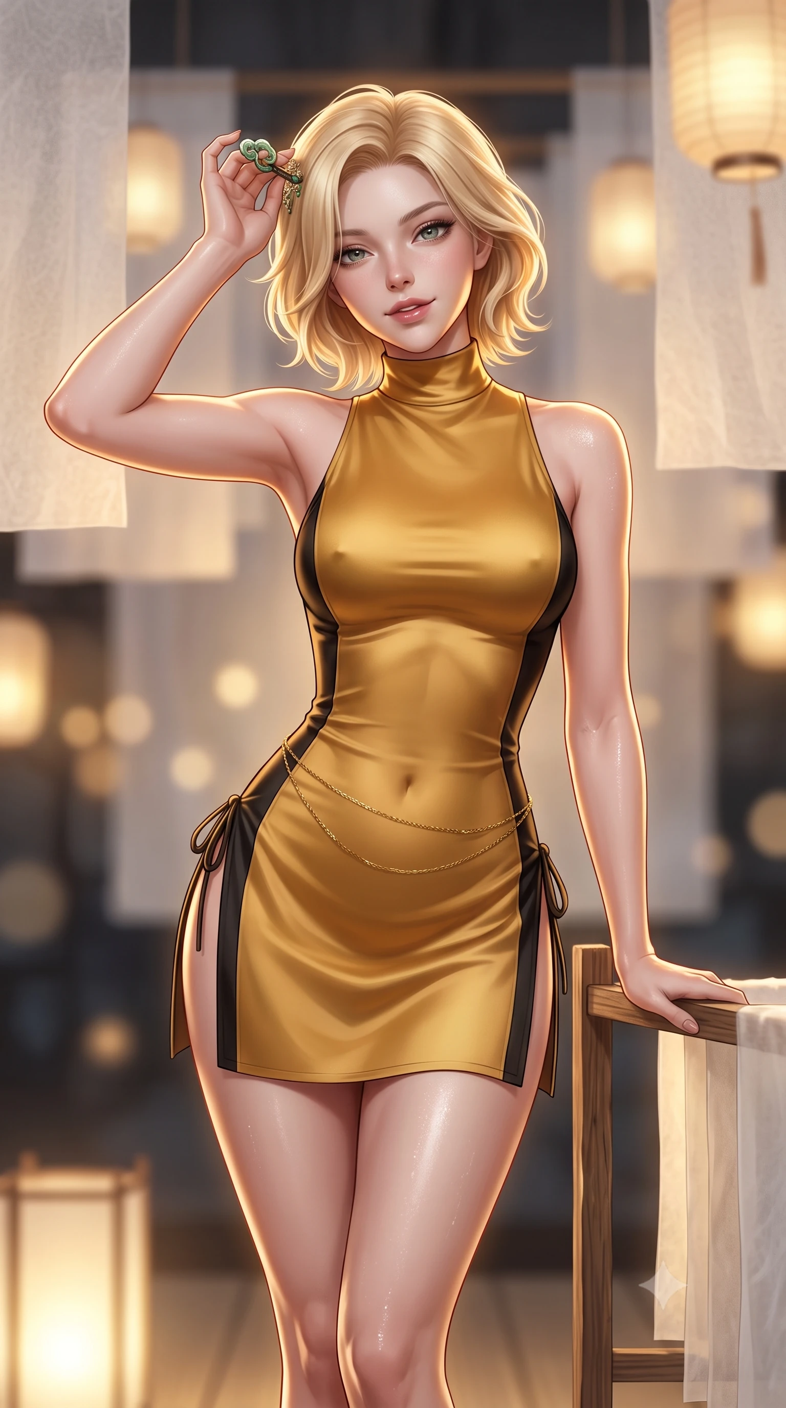 score_9, masterpiece, best quality, ultra-detailed, high-budget anime keyframe, semi-realistic 3D game render, editorial fashion photography, tasteful artistic composition, Caucasian woman. close-up cowboy shot from the waist and thighs up, the character dominates the composition, filling the frame with her large presence. tilting her head with an alluring smile while arching her spine with dancer poise, one hand touching her ornate jade hairpin in a flirtatious S-curve while leaning against a rustic oak drying rack with hips cocked back, looking into the lens with an intoxicating, soft bedroom-gaze. The background shows a soft-focus layers of drying translucent white hanji paper screens and floating glowing lanterns blurred into warm ivory, honey, and charcoal bokeh. She has an exceptionally elegant, slender, and willowy female figure with an ultra-slim waist, flat toned midriff, narrow ribcage, and sculpted feminine hips creating an alluring, slim hourglass silhouette without bulk. sharp v-shaped jawline, high-bridge nose, intricate jewel-like dark sparkling almond eyes with depth, thick lashes, glossy parted lips with a natural rose-plum sheen, bright alluring and coquettish smile with bedroom-eyes, exuding both timeless oriental elegance and sovereign high-fashion allure, flawlessly proportioned anatomical accuracy, strict slender model proportions, natural body alignment, perfectly sculpted long slender limbs, ultra-slim waistline, clean dynamic posture without body distortion. wearing a form-contouring sleeveless turtleneck mini dress in liquid silk satin with subtle side hip ties and high slits in antique saffron gold and ebony black, tailored from fine crisp cotton-linen with clean structural lines, accented with a delicate gold body chain draping loosely across her flat midriff, the liquid-tight tailored silk fabric clinging flawlessly to her narrow waist and rounded feminine hips, emphasizing every millimeter of her sculpted slim hourglass curves without any bulky heaviness. illuminated by soft floor uplighting and sharp golden-amber rim lighting carving her razor-sharp jawline, narrow waist, and curvy hips. highly saturated vibrant anime colors, detailed shading with soft gradients, rich glossy textures, high-contrast stereoscopic depth, volumetric dynamic lighting, master piece, 9:16 ratio