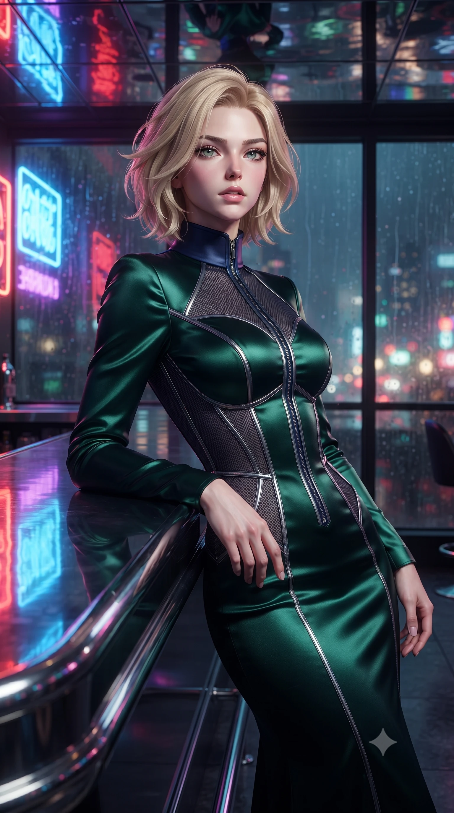 score_9, masterpiece, best quality, ultra-detailed, high-budget anime keyframe, editorial fashion photography, tasteful artistic composition, Caucasian woman. close-up cowboy shot from the waist and thighs up, the character dominates the composition, filling the frame with her large presence, background elements kept in soft focus. Tilting her chin up slightly with lips parted in a composed, magnetic expression, resting against a polished chrome bar counter reflecting neon neon reflections, rain streaks on glass windows distorting distant city skyline lights into bokeh. She has an exceptionally elegant, slender, and willowy female figure with an ultra-slim waist, a gracefully sculpted slender torso, and a refined silhouette. sharp v-shaped jawline, high-bridge nose, intricate jewel-like eyes with depth, thick eyelashes, glossy lips with a natural sheen. wearing long-sleeved dark emerald satin gown with high structured collar in midnight navy blue, made of fine dark contouring mesh, finished with metallic silver boning and sleek zipper points, highlighting her statuesque proportions and ultra-slim waistline. bathed in high-contrast specular reflections from mirror ceilings. ultra-reflective glossy finish, specular highlights, metallic sheen, high-contrast stereoscopic depth, volumetric dynamic lighting, 2k, ultra detail, master piece, 9:16 ratio