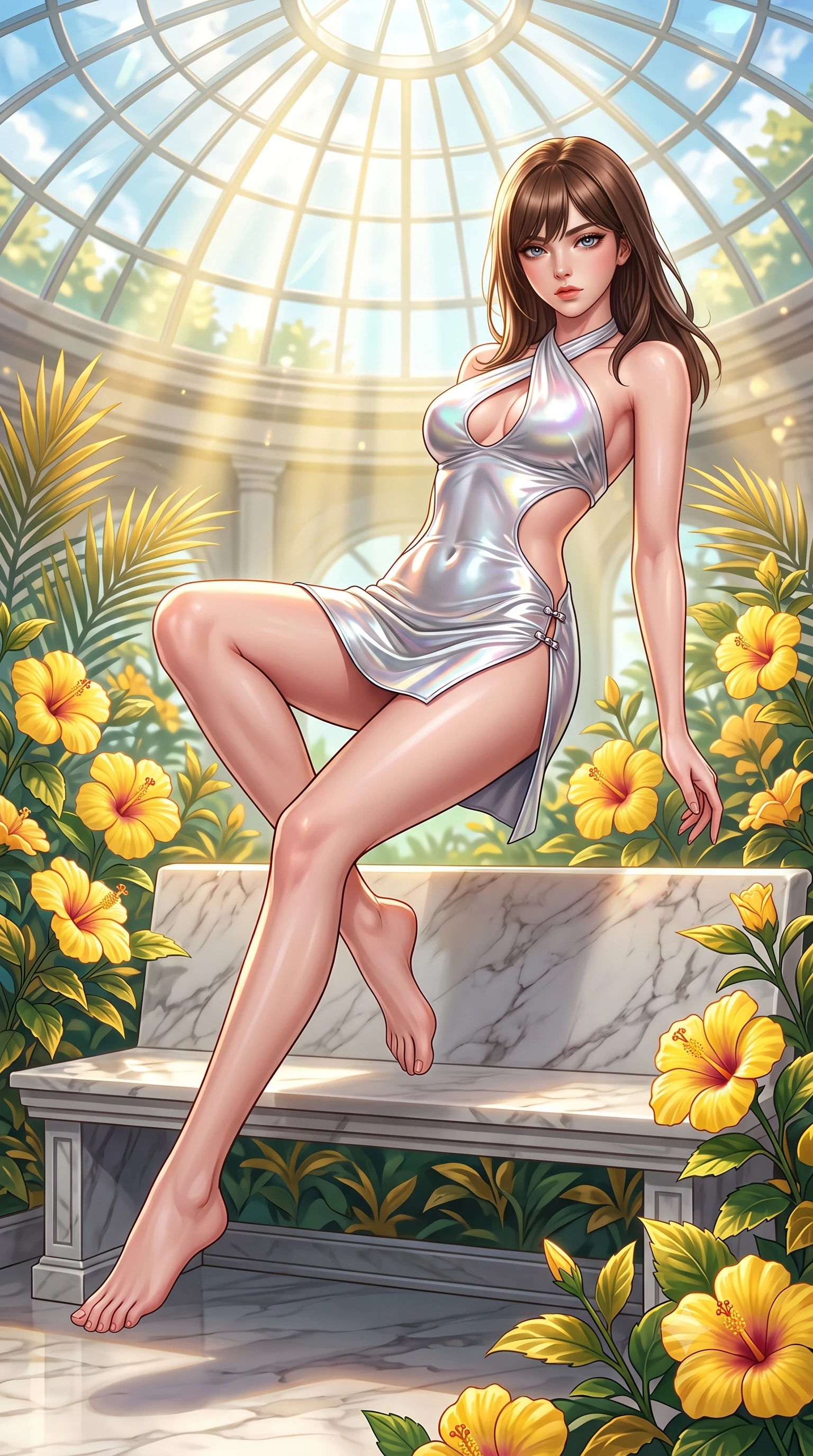 score_9, masterpiece, best quality, ultra-detailed, high-budget anime keyframe, semi-realistic 3D game render, editorial fashion photography, tasteful artistic composition, Korean woman. low angle full-body shot from head to toe showing her feet, filling the entire 9:16 vertical frame with her statuesque presence, stretching her vertical silhouette. performing an alluring mid-air vault with flawless poise, looking directly into the camera with smoldering intensity while reclining along a polished marble bench surrounded by blooming yellow hibiscus with an alluring smoldering gaze. The surrounding environment is rendered in vivid detail and crisp panoramic clarity. vibrant emerald and gold plant textures rendered with high environmental clarity. She has an absolutely perfect, statuesque 8.5-heads proportion, an exceptionally tall and slender model-like female figure with impossibly long slender legs, a toned flat midriff, and an ultra-slim waist. sharp v-shaped jawline, high-bridge nose, intricate jewel-like eyes with depth, thick eyelashes, glossy lips with a natural sheen, flawlessly proportioned anatomical accuracy, strict slender model proportions, natural body alignment, perfectly sculpted long slender limbs, ultra-slim waistline, clean dynamic posture without body distortion. wearing a molten silver liquid-metal mini dress featuring deep side-waist cutouts and a daring crossover halter neckline in glistening liquid pearl white with rainbow opalescence, formed from high-gloss patent material with specular light reflections, finished with an ultra-high side slit secured by miniature magnetic clasps, the liquid-tight tailored fabric emphasizing every curve of her tall, slender model proportions and sculptured silhouette during dynamic movement. bathed in intense volumetric golden sunbeams streaming through crystalline glass dome panes. highly saturated vibrant anime colors, detailed shading with soft gradients, rich glossy textures, high-contrast stereoscopic depth, volumetric dynamic lighting, master piece, 9:16 ratio