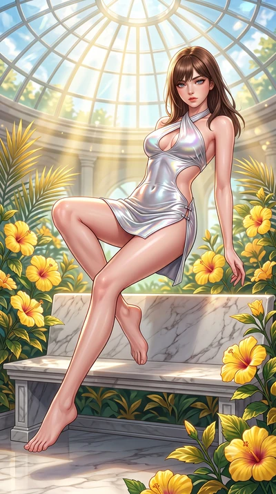 score_9, masterpiece, best quality, ultra-detailed, high-budget anime keyframe, semi-realistic 3D game render, editorial fashion photography, tasteful artistic composition, Korean woman. low angle full-body shot from head to toe showing her feet, fil