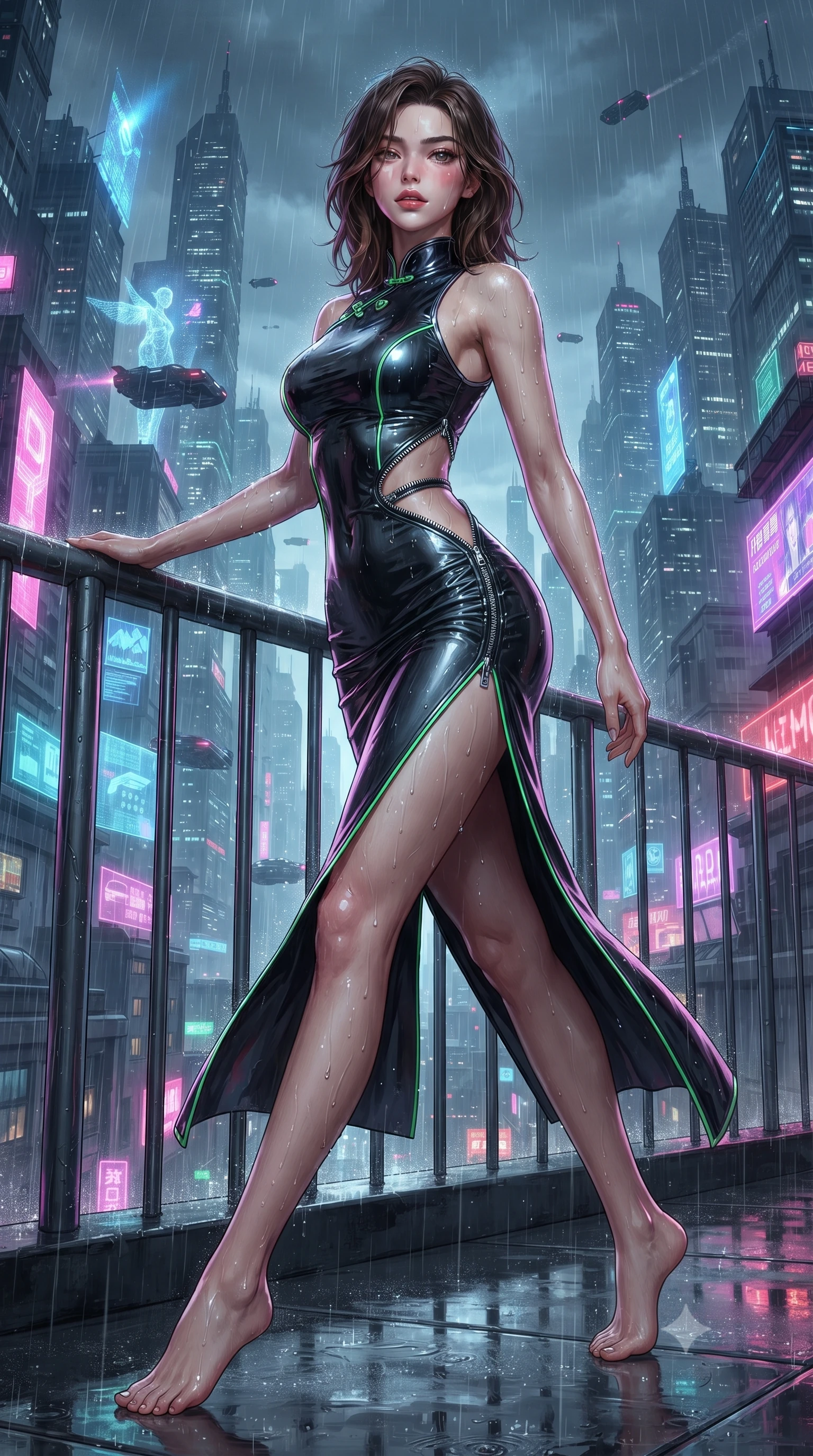 score_9, masterpiece, best quality, ultra-detailed, high-budget anime keyframe, editorial fashion photography, tasteful artistic composition, Korean woman. low angle full-body shot from head to toe showing her feet, filling the entire 9:16 vertical frame with her statuesque presence, stretching her vertical silhouette. striding forward in a proud supermodel runway stride, hips swaying in an alluring kinetic rhythm that accentuates her curvy hourglass silhouette while leaning deep against a rain-slicked rooftop bamboo railing with hips cocked back, looking over her shoulder as neon reflections wash over her curvy silhouette. The surrounding environment is rendered in vivid detail and crisp panoramic clarity. detailed embroidered silk qipao fabric sheen, raindrops on skin, and cyberpunk cityscape in high clarity. She has an absolutely perfect, statuesque 8.5-heads proportion, an exceptionally tall and slender model-like female figure with impossibly long slender legs, a toned flat midriff, an ultra-slim waist, and beautifully sculpted feminine hips. sharp v-shaped jawline, high-bridge nose, intricate jewel-like eyes with depth, thick eyelashes, glossy parted lips with a natural sheen, intensely captivating and seductive bedroom-eyes expression, flawlessly proportioned anatomical accuracy, strict slender model proportions, natural body alignment, perfectly sculpted long slender limbs, ultra-slim waistline, clean dynamic posture without body distortion. wearing an asymmetric one-shoulder metallic qipao gown with neon green accents and hip-defining ruching in pitch-black vinyl and specular chrome trim, tailored from second-skin aerodynamic stretch vinyl with specular wet sheen, accented with diagonal metal zippers running across the side-waist cutouts, the glove-like aerodynamic silhouette tightly following the natural contour of her hips and long slender legs with statuesque precision. surrounded by an enigmatic, sultry, and breathtakingly hypnotic cyber-femme fatale aura. ultra-reflective glossy finish, specular highlights, rich textural contrasts, high-contrast stereoscopic depth, volumetric dynamic lighting, 2k, ultra detail, master piece, 9:16 ratio