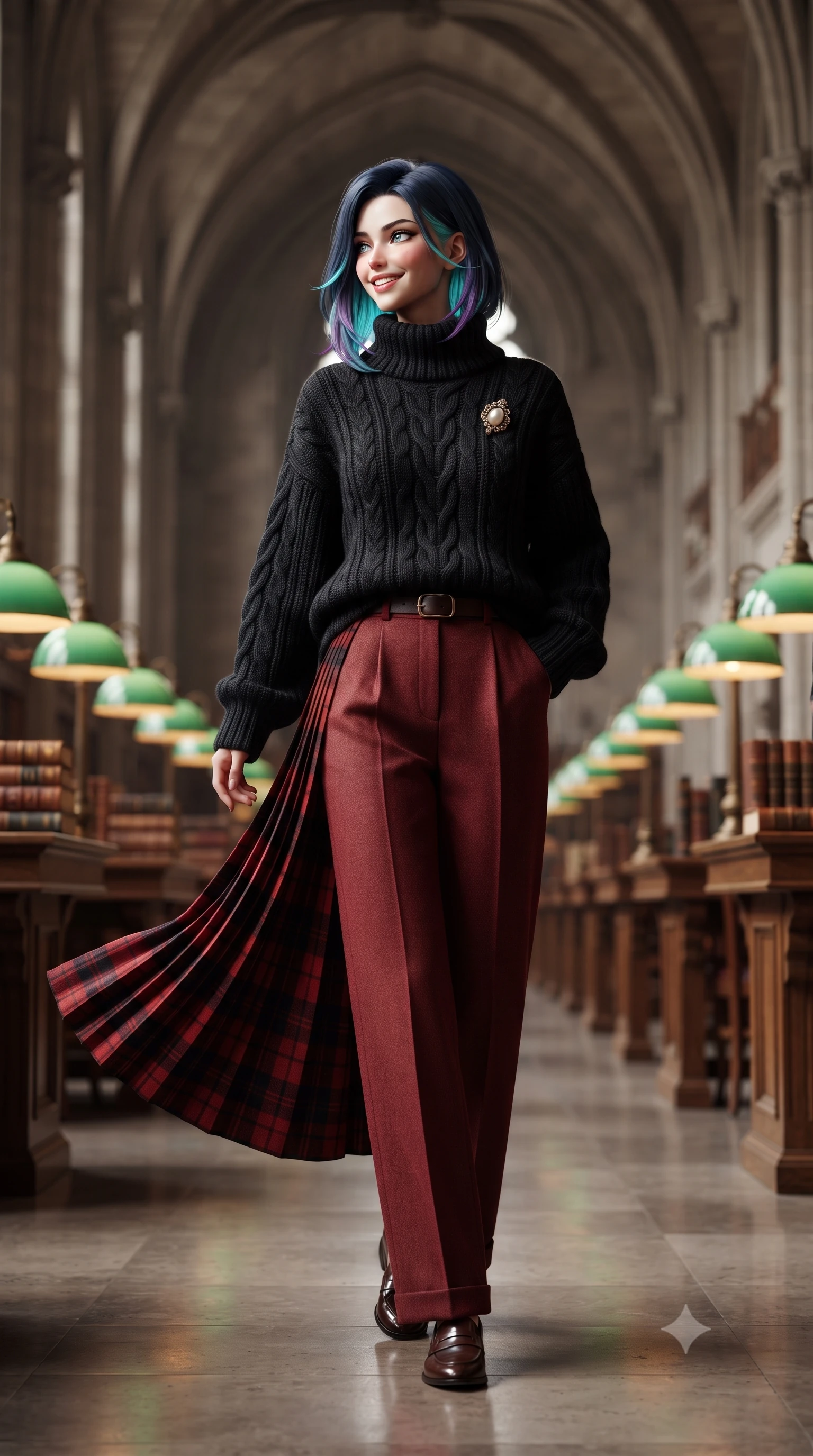 score_9, masterpiece, best quality, ultra-detailed, high-budget anime keyframe, editorial fashion photography, tasteful artistic composition, Caucasian woman. low angle full-body shot from head to toe showing her feet, filling the entire 9:16 vertical frame with her statuesque presence, stretching her vertical silhouette. executing an elegant pivot turn as the hem of her pleated wool skirt sways rhythmically, glancing back with joyful radiance while walking slowly down the grand vaulted central aisle between green banker desk lamps, turning with effortless aristocratic grace. The background shows a soft-focus soaring gothic stone arches, tiers of leather-bound antique books, and warm green banker lamps blurred into emerald, amber, and mahogany bokeh. She has an exceptionally tall and slender model-like 8.5-heads proportion, an ultra-slim waist, a flat toned midriff, narrow delicate ribcage, and beautifully sculpted feminine hips creating a graceful, slim hourglass silhouette without any bulky heaviness, with impossibly long slender legs. sharp v-shaped jawline, high-bridge nose, intricate jewel-like sparkling eyes with depth, thick eyelashes, glossy parted lips with a natural peach sheen, bright cheerful beaming smile with an enchanting and coquettish sensual glint, exuding both youthful cute charm and seductive allure, flawlessly proportioned anatomical accuracy, strict slender model proportions, natural body alignment, perfectly sculpted long slender limbs, ultra-slim waistline, clean dynamic posture without body distortion. wearing an oversized chunky cable-knit cashmere roll-neck sweater paired with brushed wool flannel wide-leg trousers in Kyoto autumn maple crimson and deep ink black, made of crisp Egyptian cotton poplin with pristine tailored pressing, complemented by an antique baroque pearl brooch pinned tastefully on the lapel, the streamlined silhouette following her natural slender proportions with sophisticated poise, enhancing her tall willowy presence. illuminated by oak bookshelf reflection fill and soft champagne-gold rim lights defining her razor-sharp jawline and elegant tailored silhouette. ultra-reflective glossy finish, specular highlights, rich textural contrasts, high-contrast stereoscopic depth, volumetric dynamic lighting, 2k, ultra detail, master piece, 9:16 ratio