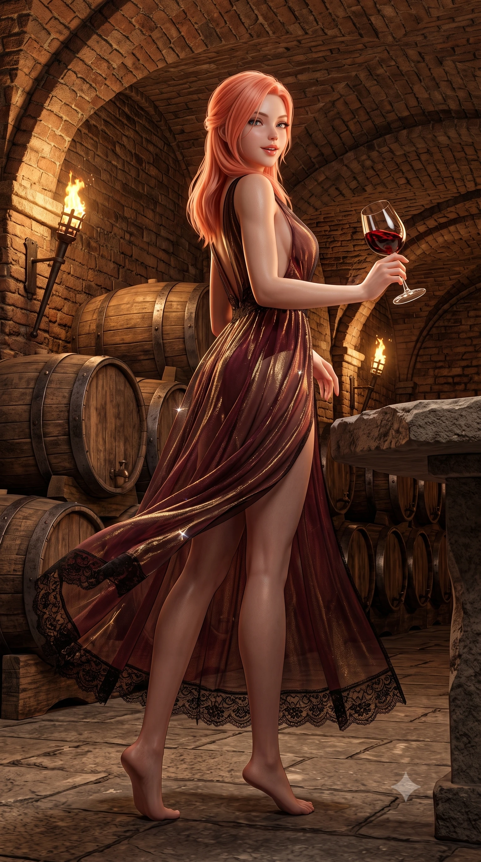 score_9, masterpiece, best quality, ultra-detailed, high-budget anime keyframe, semi-realistic 3D game render, editorial fashion photography, tasteful artistic composition, Japanese woman. low angle full-body shot from head to toe showing her feet, filling the entire 9:16 vertical frame with her statuesque presence, stretching her vertical silhouette. executing a slow, graceful pivot turn as her skirt sways around her slender legs, glancing back with an enchanting, teasing sensual expression while leaning over the rough stone tasting table with hips cocked back, swirling a crystal glass of dark red wine with smoldering bedroom-eyes. The surrounding environment is rendered in vivid detail and crisp panoramic clarity: sharp ancient brick vaulting texture, iron hoop bands on weathered oak barrels, and wine glass refraction clarity in deep focus. She has an absolutely perfect, statuesque 8.5-heads proportion, an exceptionally tall and slender model-like female figure with impossibly long slender legs, an ultra-slim waist, a flat toned midriff, narrow delicate ribcage, and beautifully sculpted feminine hips creating a graceful, slim hourglass silhouette without any bulky heaviness. sharp v-shaped jawline, high-bridge nose, sparkling eyes with hypnotic seductive depth, thick curled eyelashes, glossy parted lips with a natural dewy peach sheen, alluring bedroom-eyes with an enchanting coquettish smile, exuding magnetic siren charisma and sophisticated glamour, flawlessly proportioned anatomical accuracy, strict slender model proportions, natural body alignment, perfectly sculpted long slender limbs, ultra-slim waistline, clean dynamic posture without body distortion. wearing a deep V-neck sheer gossamer chiffon vampire dress with an open-back scoop and dramatic flowing side leg slit in smoldering bordeaux wine and liquid gold with black chantilly lace, woven from stretch metallic lurex jersey casting radiant starlight glints across her silhouette, finished with fine criss-cross lace-up side ties revealing tantalizing glimpses of her hip curve, the glove-like clinging cut tightly following the natural contour of her hips and long slender legs with youthful 8.5-heads elegance. bathed in warm flickering firelight from iron wall torches mounted in stone brackets. highly saturated vibrant anime colors, detailed shading with soft gradients, rich glossy textures, high-contrast stereoscopic depth, volumetric dynamic lighting, master piece, 9:16 ratio