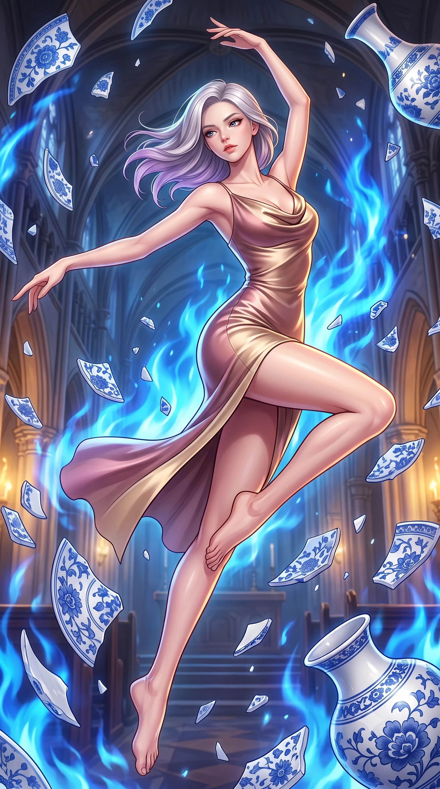 score_9, masterpiece, best quality, ultra-detailed, high-budget anime keyframe, editorial fashion photography, tasteful artistic composition, Caucasian woman. low angle full-body shot from head to toe showing her feet, filling the entire 9:16 vertical frame with her statuesque presence, stretching her vertical silhouette. performing an athletic mid-air rotation with flawless poise, her vertical silhouette beautifully stretched while leaping through an alchemical cathedral nave flanked by floating blue-and-white porcelain shards, intricate cobalt blue floral patterns on floating white ceramic vase shards. She has an absolutely perfect, statuesque 8.5-heads proportion, an exceptionally tall and slender model-like female figure with impossibly long slender legs and an ultra-slim waist. sharp v-shaped jawline, high-bridge nose, intricate jewel-like eyes with depth, thick eyelashes, glossy lips with a natural sheen, flawlessly proportioned anatomical accuracy, natural body alignment, perfectly sculpted elegant limbs, clean dynamic posture without body distortion. wearing an elegant cowl-neck satin midi dress with a graceful draped neckline in dusty rose and champagne gold, formed from sleek second-skin neoprene, finished with a sleek side slit ascending to mid-thigh, the form-contouring material highlighting her ultra-slim waist and long lines. illuminated by a dramatic contrast of sapphire alchemy flames and warm golden glow. highly saturated vibrant anime colors, detailed shading with soft gradients, rich glossy textures, high-contrast stereoscopic depth, volumetric dynamic lighting, master piece, 9:16 ratio