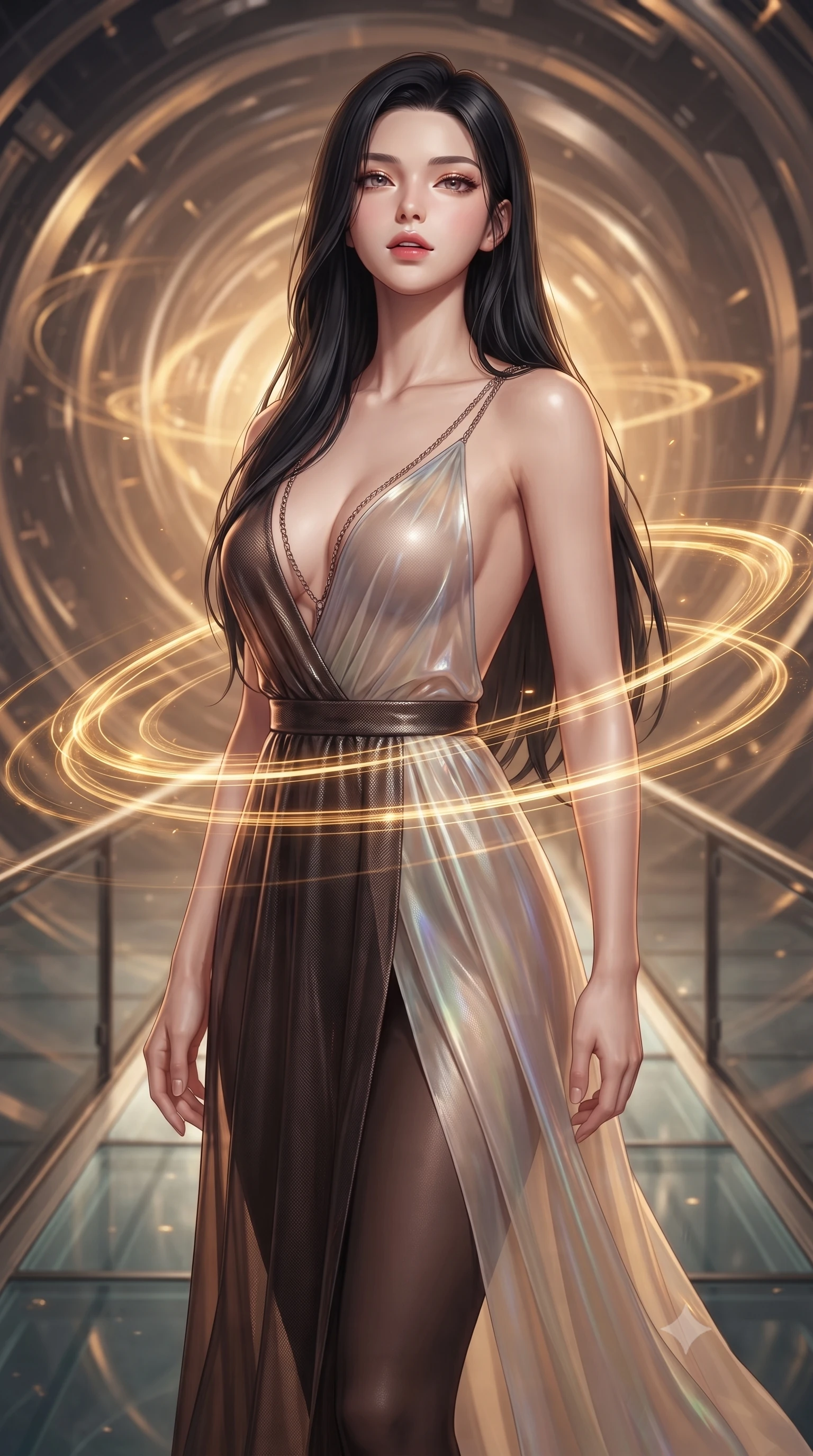 score_9, masterpiece, best quality, ultra-detailed, high-budget anime keyframe, editorial fashion photography, tasteful artistic composition, Korean woman. close-up cowboy shot from the waist and thighs up, the character dominates the composition, filling the frame with her large presence, background elements kept in soft focus. Tilting her chin up slightly with lips parted in a magnetic, composed expression poised on a glass walkway suspended inside a temporal rift rift chamber, golden temporal energy rings swirling around her waist and arms. She has an exceptionally elegant, slender, and willowy female figure with an ultra-slim waist, a gracefully sculpted slender torso, and a refined silhouette. sharp v-shaped jawline, high-bridge nose, intricate jewel-like eyes with depth, thick eyelashes, glossy lips with a natural sheen. wearing a translucent iridescent chiffon gown with a plunging neckline and open back in espresso brown and warm cream, made of fine carbon-fiber weave and soft matte leather, adorned with delicate metallic chain straps along the neckline, the elegant draped fit framing her graceful clavicle and slender torso. bathed in rich amber temporal glow and warm golden backlighting. ultra-reflective glossy finish, specular highlights, metallic sheen, high-contrast stereoscopic depth, volumetric dynamic lighting, 2k, ultra detail, master piece, 9:16 ratio