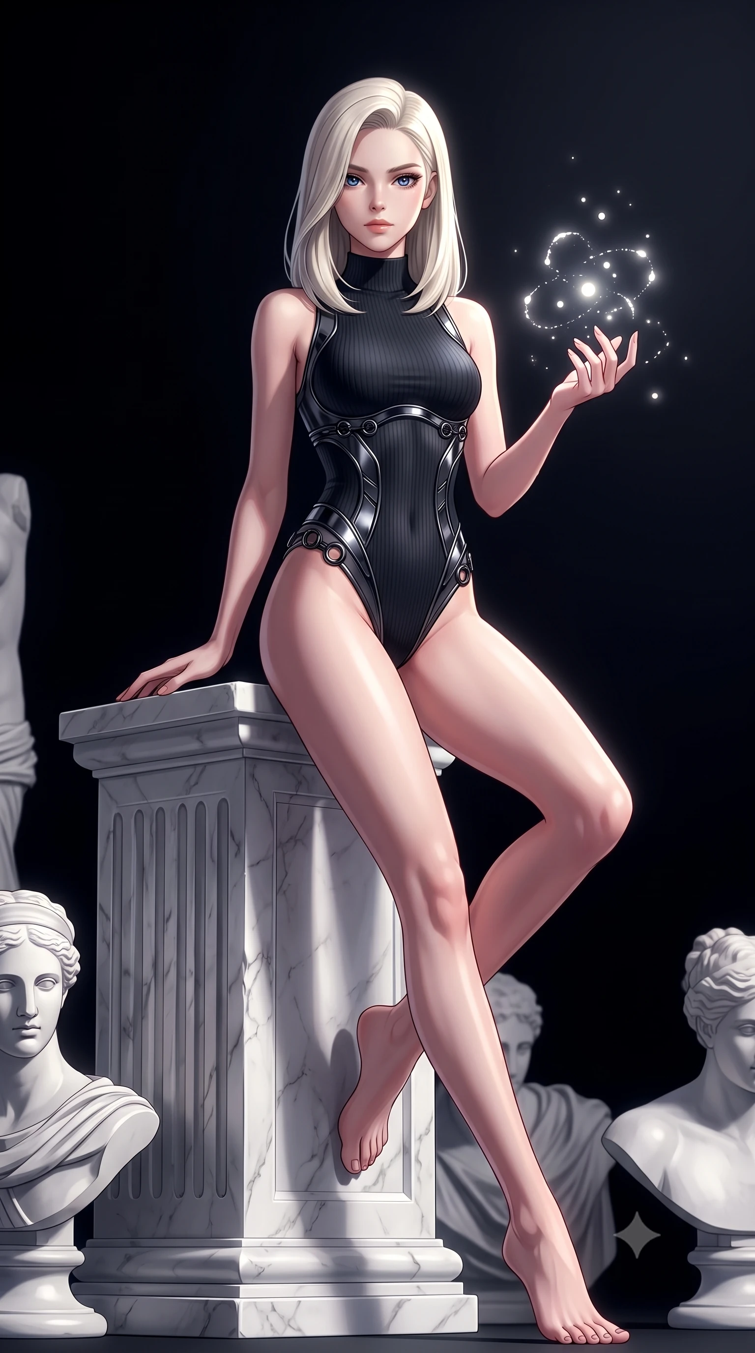 score_9, masterpiece, best quality, ultra-detailed, high-budget anime keyframe, editorial fashion photography, tasteful artistic composition, Caucasian woman. low angle full-body shot from head to toe showing her feet, filling the entire 9:16 vertical frame with her statuesque presence, stretching her vertical silhouette. interacting with glowing light particles, her long slender legs poised in motion, resting against a white marble pedestal surrounded by classical art pieces, intellectual, superior aura with composed facial expression. She has an absolutely perfect, statuesque 8.5-heads proportion, an exceptionally tall and slender model-like female figure with impossibly long slender legs and an ultra-slim waist. sharp v-shaped jawline, high-bridge nose, intricate jewel-like eyes with depth, thick eyelashes, glossy lips with a natural sheen. wearing sleek high-neck ribbed activewear bodysuit in matte black in pearl white, made of sculpted obsidian metallic chrome, trimmed with dark chrome ring hardware along the waist contours, accentuating her gracefully sculpted slender torso. surrounded by deep obsidian shadows swallowing background elements. highly saturated vibrant anime colors, detailed shading with soft gradients, rich glossy textures, high-contrast stereoscopic depth, volumetric dynamic lighting, master piece, 9:16 ratio