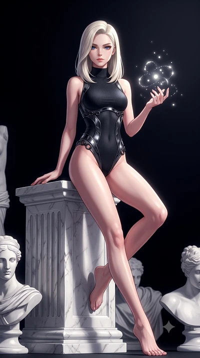 score_9, masterpiece, best quality, ultra-detailed, high-budget anime keyframe, editorial fashion photography, tasteful artistic composition, Caucasian woman. low angle full-body shot from head to toe showing her feet, filling the entire 9:16 vertica