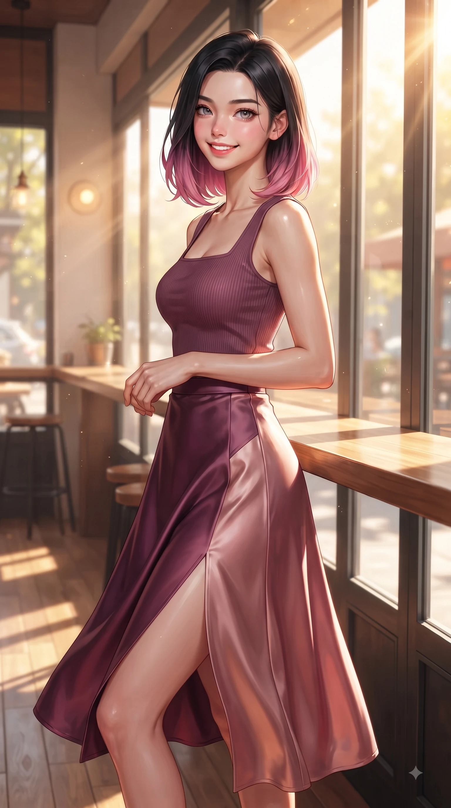 score_9, masterpiece, best quality, ultra-detailed, high-budget anime keyframe, editorial fashion photography, tasteful artistic composition, Korean woman. close-up cowboy shot from the waist and thighs up, the character dominates the composition, filling the frame with her large presence. Youthful bright smile exuding pure cute charm and fresh energy, her torso turning dynamically into the lens while looking out a large glass window with a tender cute smile as golden light streams in. The surrounding environment is rendered in vivid detail and crisp panoramic clarity. bright sunbeams streaming across polished wooden surfaces rendered with environmental clarity. She has an exceptionally elegant, slender, and willowy female figure with an ultra-slim waist, a gracefully sculpted slender torso, and a refined silhouette. sharp v-shaped jawline, high-bridge nose, intricate jewel-like eyes with depth, thick eyelashes, glossy lips with a natural sheen, flawlessly proportioned anatomical accuracy, natural body alignment, perfectly sculpted elegant limbs, clean dynamic posture without body distortion. wearing a chic square-neck ribbed top paired with a flowing A-line midi skirt in rich plum purple and rose gold, crafted from smooth liquid silk satin, featuring a sleek side leg slit ascending to mid-thigh, the sleek second-skin texture accentuating her magnetic presence. bathed in warm golden sunlight streaming through clean glass cafe windows. ultra-reflective glossy finish, specular highlights, metallic sheen, high-contrast stereoscopic depth, volumetric dynamic lighting, 2k, ultra detail, master piece, 9:16 ratio