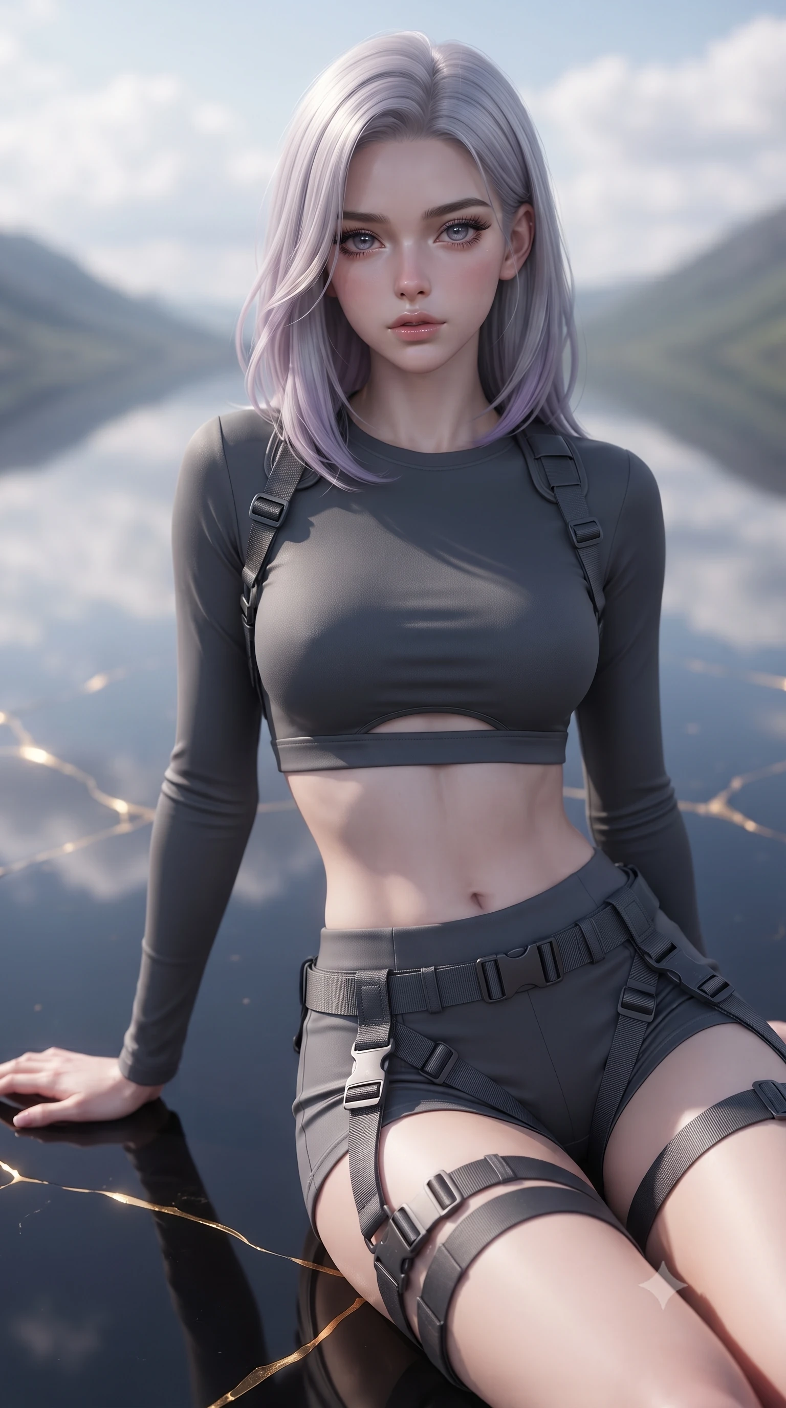 score_9, masterpiece, best quality, ultra-detailed, high-budget anime keyframe, editorial fashion photography, tasteful artistic composition, Caucasian woman, strictly human ears. close-up cowboy shot from the waist and thighs up, the character dominates the composition, filling the frame with her large presence, background elements kept in soft focus. Resting one arm elegantly against a surface with a poised relaxed stance. set against a soft-focus background of a valley where the ground is perfectly flat obsidian that mirrors the sky so precisely the horizon line disappears entirely creating the illusion of walking on the sky itself clouds above and below. She has an exceptionally elegant and slender, willowy female figure with an ultra-slim waist, a gracefully sculpted slender torso, and a refined slim physique. sharp v-shaped jawline, high-bridge nose, intricate jewel-like eyes with depth, thick eyelashes, glossy lips with a natural sheen. wearing a cyber-tactical crop top in dark grey with a subtle waist cutout, paired with matching high-cut shorts and thigh straps. glowing kintsugi gold light radiating from cracks in the environment creating a majestic inner glow. 2k, ultra detail, master piece, 9:16 ratio