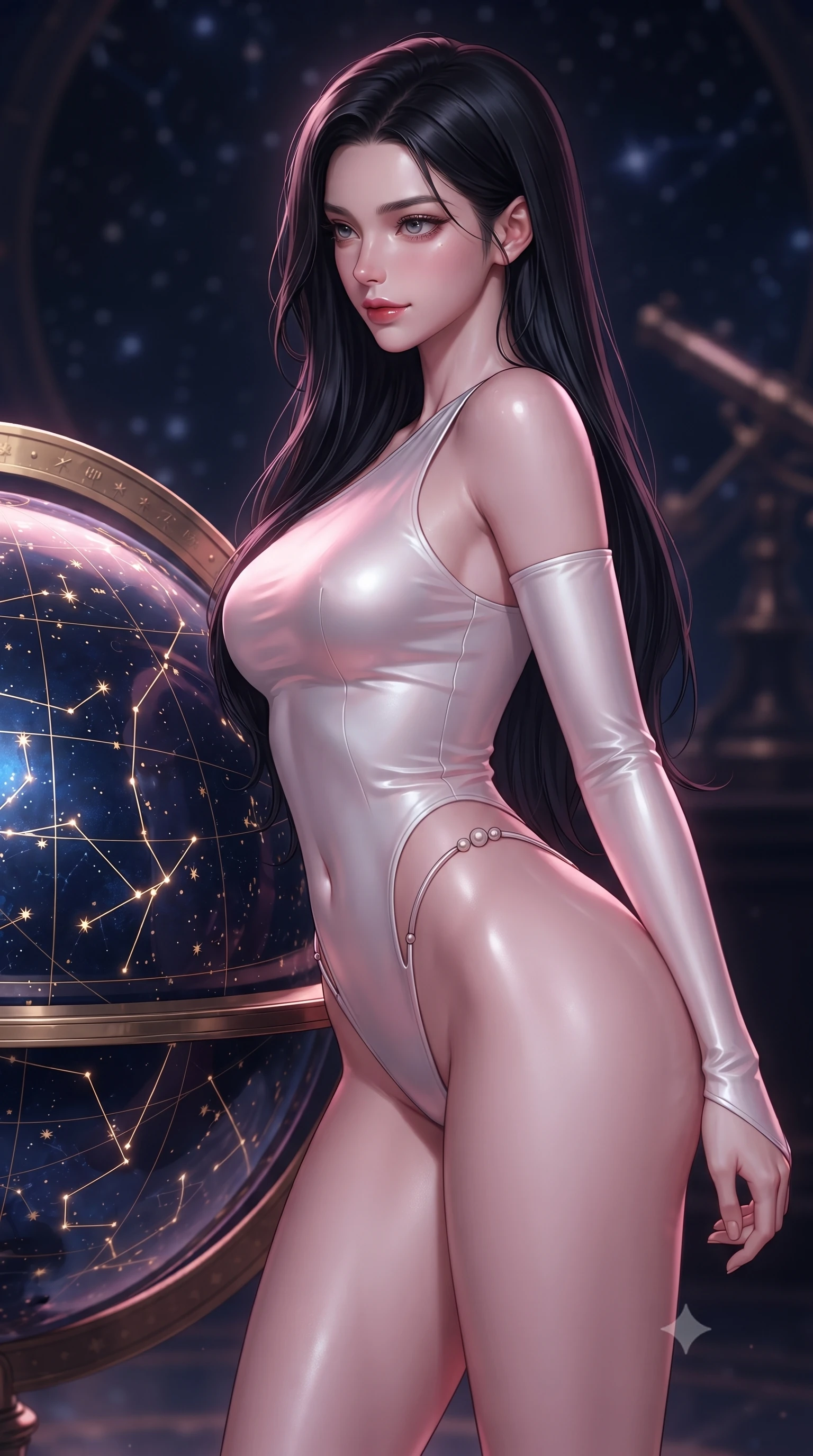 score_9, masterpiece, best quality, ultra-detailed, high-budget anime keyframe, editorial fashion photography, tasteful artistic composition, Korean woman. close-up cowboy shot from the waist and thighs up, the character dominates the composition, filling the frame with her large presence, background elements kept in soft focus. Glancing sidelong over her shoulder with a smoldering half-smile, resting near a giant celestial globe reflecting deep navy and gold star maps, glowing constellation lines tracing intricate patterns nearby. She has an exceptionally elegant, slender, and willowy female figure with an ultra-slim waist, a gracefully sculpted slender torso, and a refined silhouette. sharp v-shaped jawline, high-bridge nose, intricate jewel-like eyes with depth, thick eyelashes, glossy lips with a natural sheen. wearing asymmetric high-cut cyber-bodysuit with detached sleeves in pearl white in soft blush pink, made of liquid mercury jersey, adorned with minimalist pearl hardware framing the waistline, contouring every curve with an exceptionally elegant silhouette. bathed in radiant cosmic pink and deep navy blue ambient light. ultra-reflective glossy finish, specular highlights, metallic sheen, high-contrast stereoscopic depth, volumetric dynamic lighting, 2k, ultra detail, master piece, 9:16 ratio