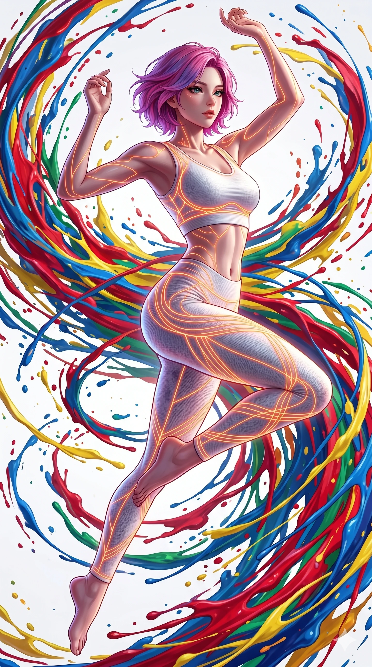 score_9, masterpiece, best quality, ultra-detailed, high-budget anime keyframe, Korean woman. upper body close-up from the thighs up, character filling the screen for maximum presence. leaping into a vorticist paint splatter dimension where thousands of vivid acrylic paint ribbons and splatters swirl around her in a white gallery void. She has an absolutely perfect 8-heads proportion, an exceptionally tall and slender female figure with impossibly long slender legs and an ultra-slim waist. V-shaped jawline, high-bridge nose, intricate jewel-like eyes with depth, thick eyelashes, glossy lips with a natural sheen.. wearing a neon filament athleisure set, featuring a tight white crop top and matching leggings woven with glowing orange neon filaments, highlighting her slender body contour. lit by a soft glowing ambient light and a sharp side key light that traces the sleek contours of her athletic build. 2k, ultra detail, master piece, 9:16 ratio