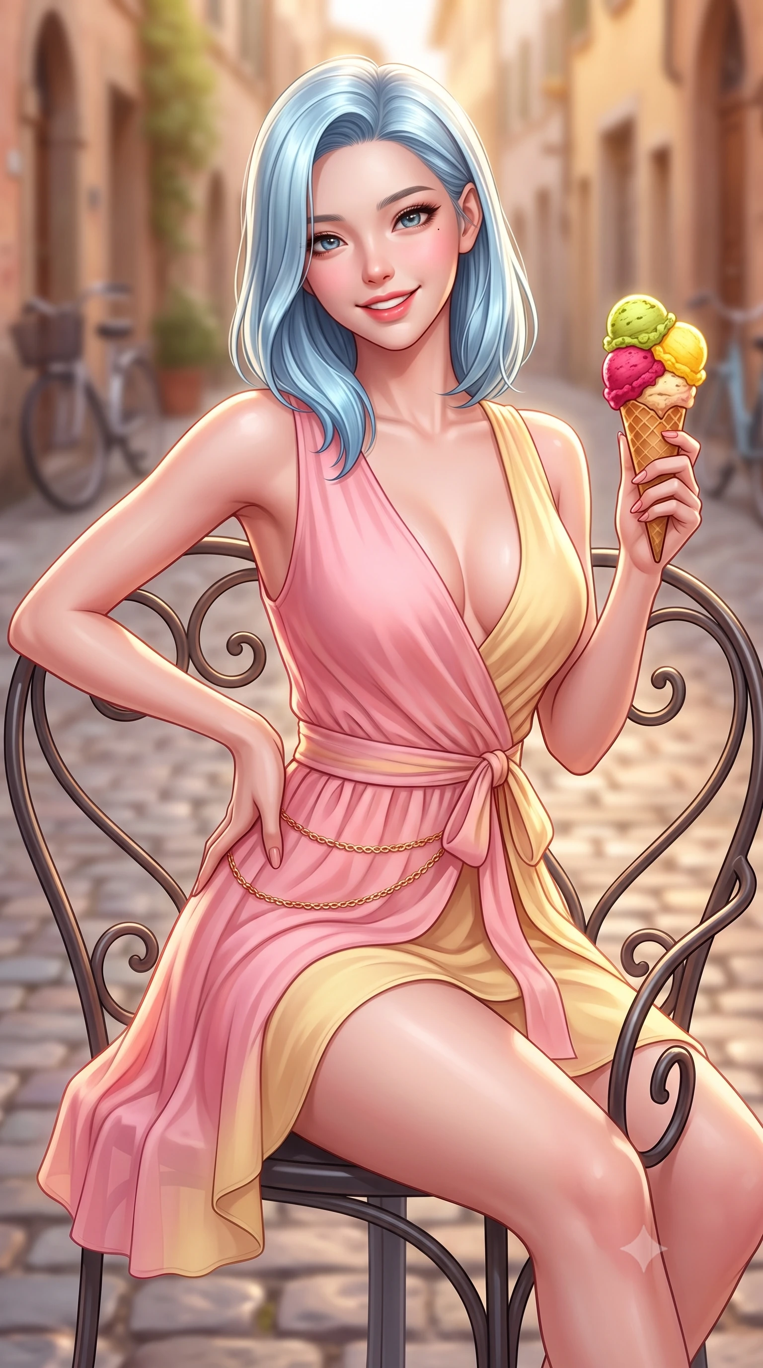 score_9, masterpiece, best quality, ultra-detailed, high-budget anime keyframe, semi-realistic 3D game render, editorial fashion photography, tasteful artistic composition, Korean woman. close-up cowboy shot from the waist and thighs up, the character dominates the composition, filling the frame with her large presence. tilting her head with a cute beaming smile while arching her spine with effortless dancer poise, one hand sliding along her hip line in a flirtatious S-curve while sitting perched on a wrought-iron patio chair holding a colorful artisanal gelato cone, arching her back with a delightfully cute, playful smile. The composition keeps background elements in soft focus with dreamy creamy bokeh. cobblestone alleys and bicycle silhouettes softened in charming Italian shallow focus. She has an exceptionally elegant, slender, and willowy female figure with an ultra-slim waist, flat toned midriff, narrow ribcage, and sculpted feminine hips creating an alluring, slim hourglass silhouette without bulk. sharp v-shaped jawline, high-bridge nose, intricate jewel-like sparkling eyes with depth, thick eyelashes, glossy parted lips with a natural peach sheen, bright cheerful beaming smile with an enchanting and coquettish sensual glint, exuding both youthful cute charm and seductive allure, flawlessly proportioned anatomical accuracy, strict slender model proportions, natural body alignment, perfectly sculpted long slender limbs, ultra-slim waistline, clean dynamic posture without body distortion. wearing a breezy wrap mini dress with a deep V-neckline and tie-waist accentuating her sculpted flat midriff and hips in sweet strawberry milk pink and butter yellow, tailored from fine lightweight chiffon that flutters gently in the breeze, accented with a delicate gold chain belt resting loosely on her curvy hips, the form-contouring cut accentuating her sculpted flat midriff, narrow delicate ribcage, and gracefully curvy hips with supermodel precision. bathed in warm golden afternoon Italian sunlight reflecting off pastel building facades. highly saturated vibrant anime colors, detailed shading with soft gradients, rich glossy textures, high-contrast stereoscopic depth, volumetric dynamic lighting, master piece, 9:16 ratio