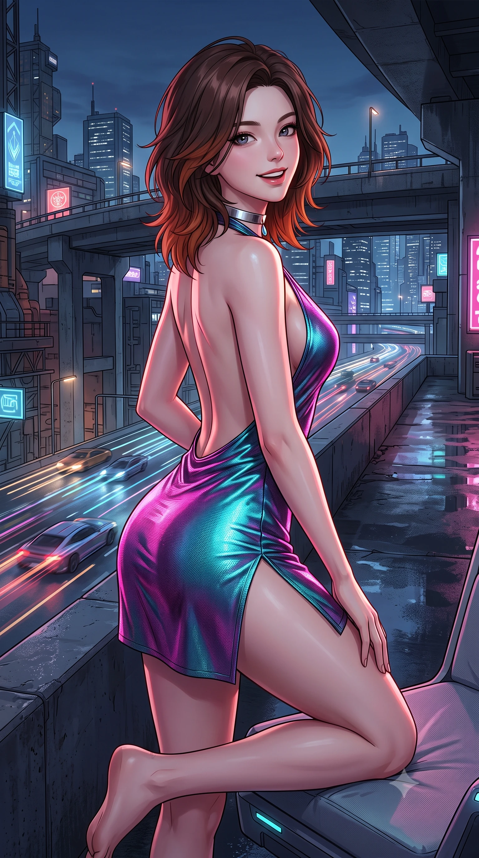 score_9, masterpiece, best quality, ultra-detailed, high-budget anime keyframe, semi-realistic 3D game render, editorial fashion photography, tasteful artistic composition, Korean woman. close-up cowboy shot from the waist and thighs up, the character dominates the composition, filling the frame with her large presence. perched sideways on the lounge seat, one knee drawn up to showcase her slender leg line while her arched back accentuates her feminine hip curve while standing poised on the high concrete freeway abutment high above rushing streams of hovering aerocars, arching her back with breathtaking anime heroine charisma. The surrounding environment is rendered in vivid detail and crisp panoramic clarity: detailed anime keyframe lines, rich glossy textures, and futuristic megalopolis highway infrastructure in razor-sharp precision. She has an exceptionally elegant, slender, and willowy female figure with an ultra-slim waist, flat toned midriff, narrow ribcage, and sculpted feminine hips creating an alluring, slim hourglass silhouette without bulk. sharp v-shaped jawline, high-bridge nose, intricate jewel-like sparkling eyes with depth, thick eyelashes, glossy parted lips with a natural peach sheen, bright cheerful beaming smile with an enchanting and coquettish sensual glint, exuding both youthful cute charm and seductive allure, flawlessly proportioned anatomical accuracy, strict slender model proportions, natural body alignment, perfectly sculpted long slender limbs, ultra-slim waistline, clean dynamic posture without body distortion. wearing an alluring backless metallic lamé combat halter mini dress with deep open back down to her lower spine and thigh-high slit in Kowloon neon magenta and electric teal, tailored from high-density tech-wool with subtle metallic thread weave, finished with a minimalist chrome choker and a single teardrop diamond pendant, the form-contouring silhouette accentuating her sculpted flat midriff, narrow delicate ribcage, and gracefully curvy hips with intoxicating allure. illuminated by wet concrete reflection bounce and sharp ruby-white rim lights sculpting her jawline, narrow waist, and curvy hips. highly saturated vibrant anime colors, detailed shading with soft gradients, rich glossy textures, high-contrast stereoscopic depth, volumetric dynamic lighting, master piece, 9:16 ratio