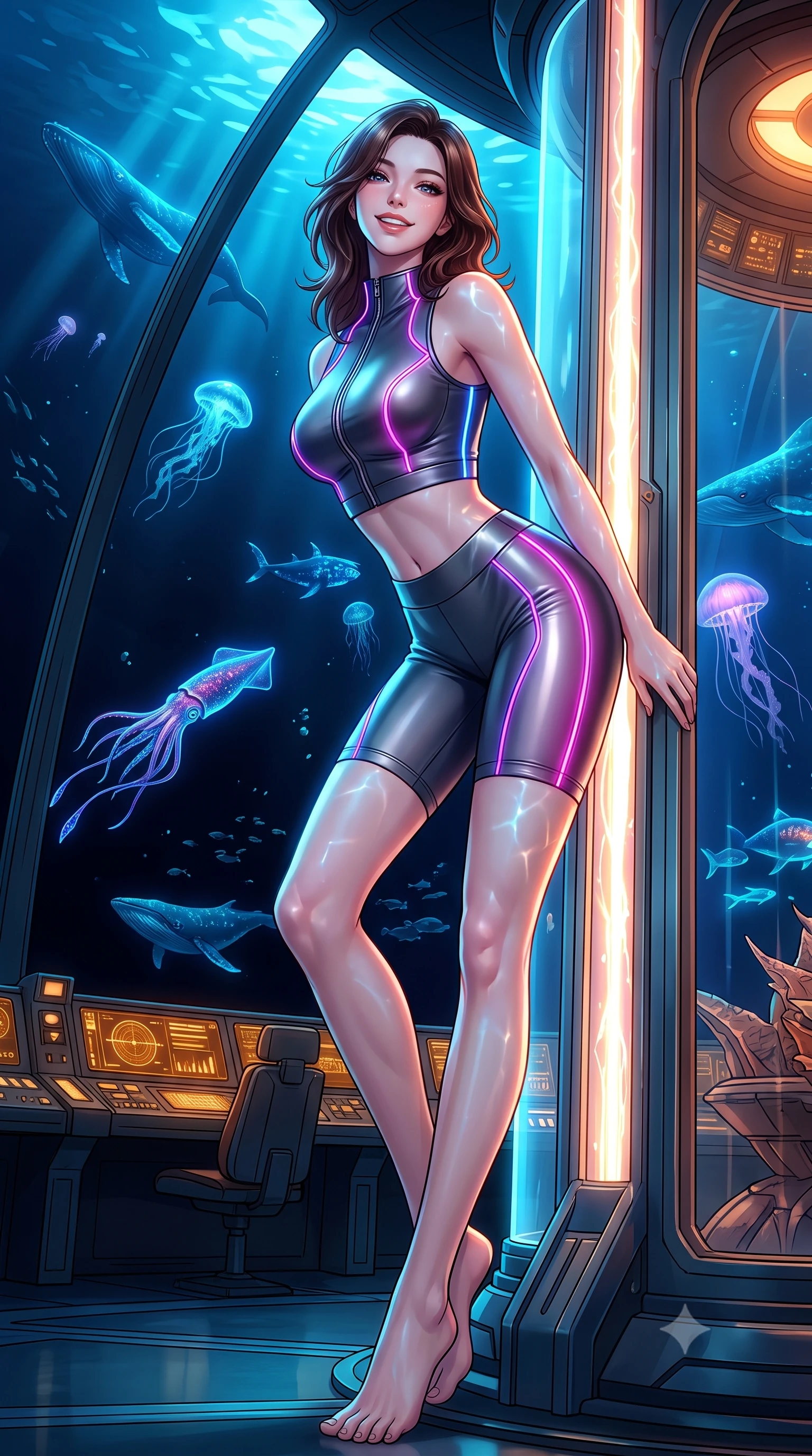 score_9, masterpiece, best quality, ultra-detailed, high-budget anime keyframe, semi-realistic 3D game render, editorial fashion photography, tasteful artistic composition, Korean woman. low angle full-body shot from head to toe showing her feet, filling the entire 9:16 vertical frame with her statuesque presence, stretching her vertical silhouette. leaning deep against the glowing energy conduit with hips cocked back in an unapologetically alluring high-fashion stance, flashing a warm beaming smile while standing inside the colossal pressurized acrylic dome facing the pitch-black abyss, arching her back as giant glowing sea creatures glide by. The surrounding environment is rendered in vivid detail and crisp panoramic clarity: detailed compression suit sheen, water caustic reflections on skin, and deep-sea habitat architecture in razor-sharp precision. She has an absolutely perfect, statuesque 8.5-heads proportion, an exceptionally tall and slender model-like female figure with impossibly long slender legs, an ultra-slim waist, a flat toned midriff, narrow delicate ribcage, and beautifully sculpted feminine hips creating a graceful, slim hourglass silhouette without any bulky heaviness. sharp v-shaped jawline, high-bridge nose, intricate jewel-like sparkling eyes with depth, thick eyelashes, glossy parted lips with a natural sheen, bright confident smile with an enchanting and coquettish sensual glint, exuding both youthful magnetic charm and sovereign high-tech allure, flawlessly proportioned anatomical accuracy, strict slender model proportions, natural body alignment, perfectly sculpted long slender limbs, ultra-slim waistline, clean dynamic posture without body distortion. wearing a sleek two-piece combat athletic set with a zip-front mock-neck crop top and contouring biker shorts hugging her curvy hips in deep titanium gunmetal and radiant magenta neon, formed from supple thermal silicone composite adhering seamlessly like a second skin, accented with glowing neon fiber-optic piping tracing her spine and hip lines, the liquid-tight tailored fabric clinging flawlessly to her narrow waist and rounded feminine hips, emphasizing every millimeter of her sculpted slim hourglass curves without any bulky heaviness. bathed in eerie deep-sea sapphire bioluminescence and warm interior instrument glow. highly saturated vibrant anime colors, detailed shading with soft gradients, rich glossy textures, high-contrast stereoscopic depth, volumetric dynamic lighting, master piece, 9:16 ratio
