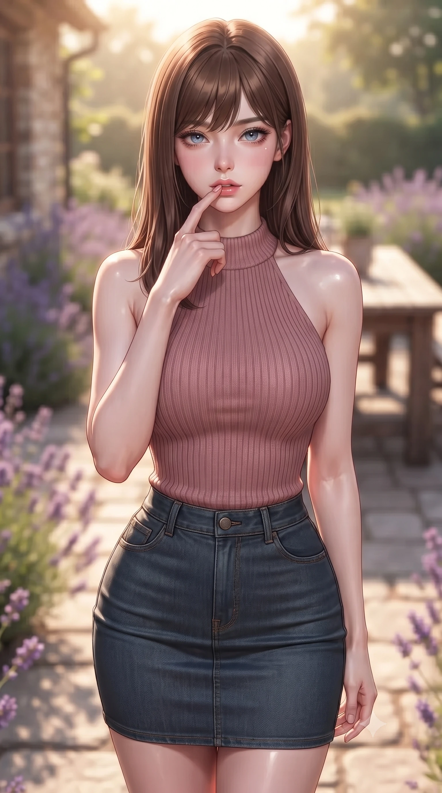 score_9, masterpiece, best quality, ultra-detailed, high-budget anime keyframe, editorial fashion photography, tasteful artistic composition, Korean woman woman. close-up cowboy shot from the waist and thighs up, the character dominates the composition, filling the frame with her large presence, background elements kept in soft focus. pressing one finger to her bottom lip in a thoughtful, seductive gesture under the warm sun the background shows a soft-focus a lavender-lined stone patio of a private country house, with a rustic wooden table. She has an exceptionally elegant, slender, and willowy female figure with an ultra-slim waist, a gracefully sculpted slender torso, and a refined silhouette. sharp v-shaped jawline, high-bridge nose, intricate jewel-like eyes with depth, thick eyelashes, glossy lips with a natural sheen. wearing a tailored form-fitting ribbed knit halter top in dusty rose, paired with a tight-fitting denim skirt. soft golden afternoon sunbeams, casting a peaceful country glow. ultra-reflective glossy finish, specular highlights, metallic sheen, high-contrast stereoscopic depth, volumetric dynamic lighting, 2k, ultra detail, master piece, 9:16 ratio