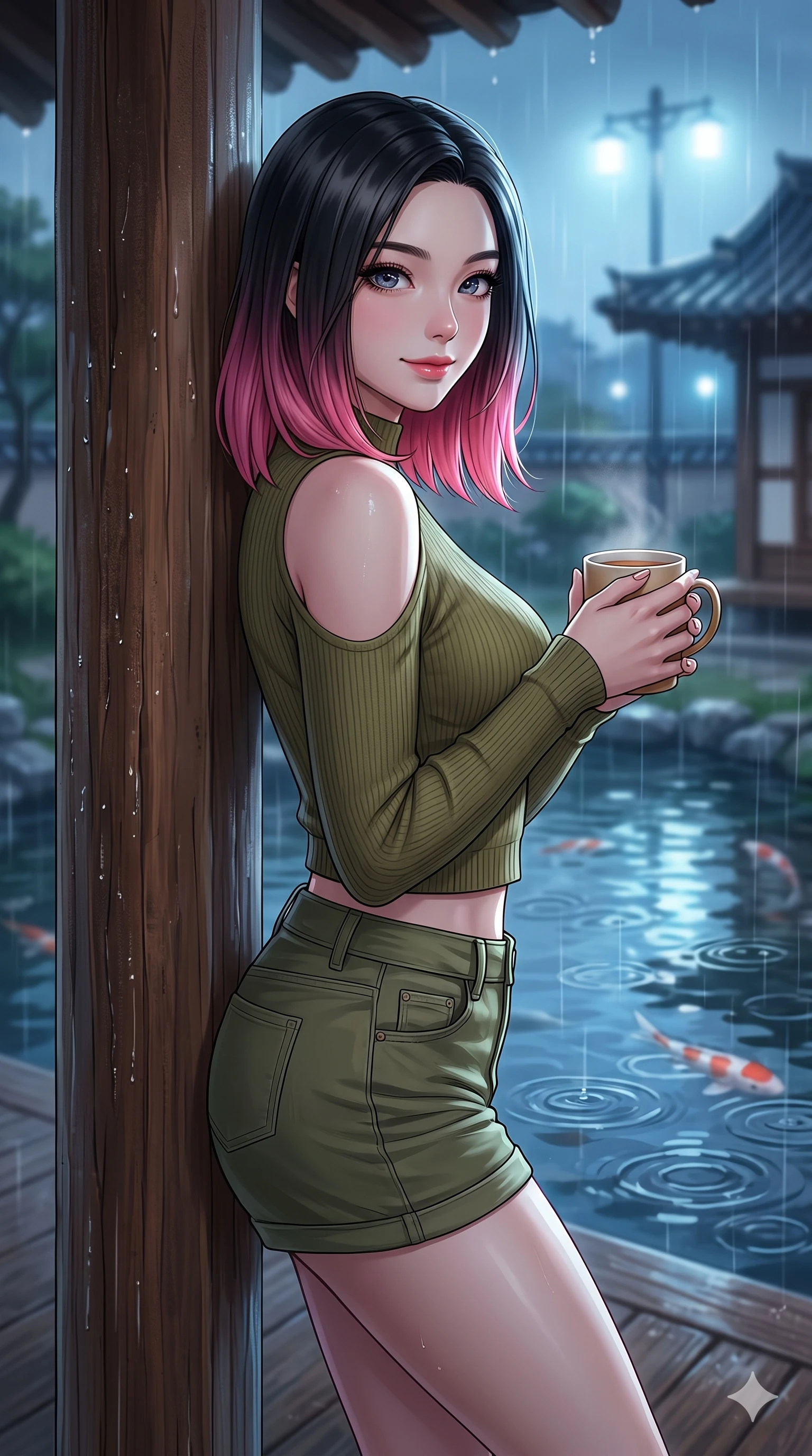score_9, masterpiece, best quality, ultra-detailed, high-budget anime keyframe, vibrant anime aesthetic, Korean woman. close-up cowboy shot from the waist and thighs up, the character dominates the composition, filling the frame with her large presence, background elements kept in soft focus. She is holding a warm mug of tea, looking at the camera with a gentle smile, looking over her shoulder at the camera leaning against a rustic wooden column. the background shows a soft-focus wooden veranda of a traditional garden pavilion, watching rain ripples in a large koi pond (Code-P22-115). She has an absolutely perfect proportion, an exceptionally elegant and slender female figure with an ultra-slim waist. V-shaped jawline, high-bridge nose, intricate jewel-like eyes with depth, thick eyelashes, glossy lips with a natural sheen. wearing a cold-shoulder knit top with a cropped waistline and denim shorts in olive green. She is lit by dramatic, high-contrast streetlights casting long shadows in the rain, adding depth to her jewel-like eyes during the twilight rain. 2k, ultra detail, master piece, 9:16 ratio