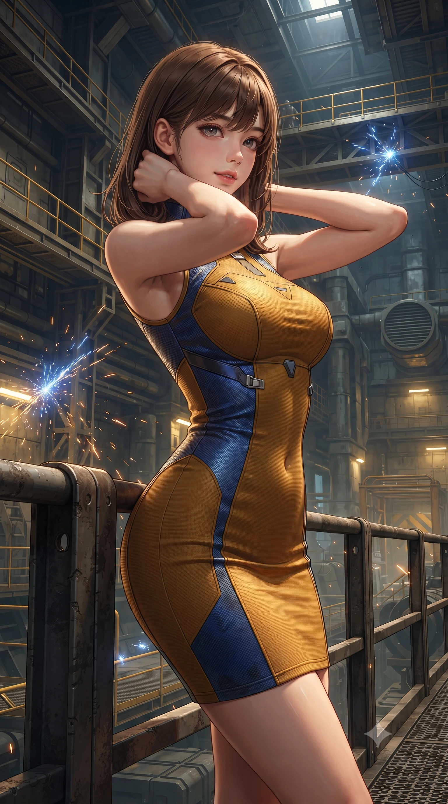 score_9, masterpiece, best quality, ultra-detailed, high-budget anime keyframe, editorial fashion photography, tasteful artistic composition, Korean woman. close-up cowboy shot from the waist and thighs up, the character dominates the composition, filling the frame with her large presence. resting both hands lightly behind her neck with elbows raised, arching her spine to highlight her narrow waist, flat midriff, and breathtaking collarbones while leaning against the heavy reinforced steel railing with hips cocked back, looking through shower of magnetic track sparks with intoxicating bedroom-eyes. The surrounding environment is rendered in vivid detail and crisp panoramic clarity: detailed garment construction, tactical leather sheen, and monumental subterranean infrastructure in high resolution. She has an exceptionally elegant, slender, and willowy female figure with an ultra-slim waist, flat toned midriff, narrow ribcage, and sculpted feminine hips creating an alluring, slim hourglass silhouette without bulk. sharp v-shaped jawline, high-bridge nose, intricate jewel-like sparkling eyes with depth, thick eyelashes, glossy parted lips with a natural peach sheen, bright cheerful beaming smile with an enchanting and coquettish sensual glint, exuding both youthful cute charm and seductive allure, flawlessly proportioned anatomical accuracy, strict slender model proportions, natural body alignment, perfectly sculpted long slender limbs, ultra-slim waistline, clean dynamic posture without body distortion. wearing a dense bandage-knit tactical officer dress with subtle geometric chest accents contouring her delicate ribcage and feminine hips in Jovian storm amber and electric cobalt, woven from structured carbon-fiber jacquard with rich textural depth, finished with sleek magnetic buckle closures fluttering in the breeze, the liquid-tight tailored fabric clinging flawlessly to her narrow waist and rounded feminine hips, emphasizing every millimeter of her sculpted slim hourglass curves without any bulky heaviness. bathed in high-contrast industrial sodium-vapor yellow lighting punctuated by bright blue electrical spark flashes. ultra-reflective glossy finish, specular highlights, rich textural contrasts, high-contrast stereoscopic depth, volumetric dynamic lighting, 2k, ultra detail, master piece, 9:16 ratio