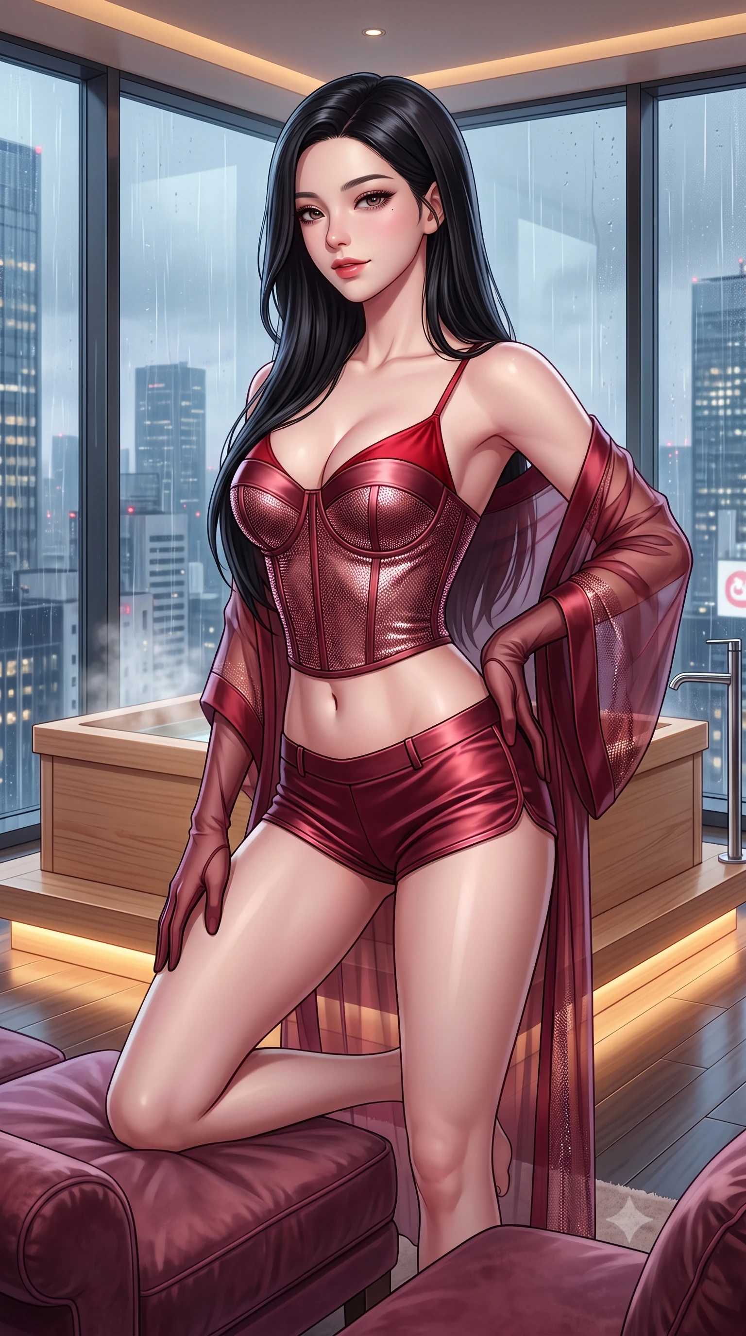 score_9, masterpiece, best quality, ultra-detailed, high-budget anime keyframe, semi-realistic 3D game render, editorial fashion photography, tasteful artistic composition, Korean woman. close-up cowboy shot from the waist and thighs up, the character dominates the composition, filling the frame with her large presence. perched sideways on the lounge seat, one knee drawn up to showcase her slender leg line while her arched back accentuates her feminine hip curve while standing beside the steaming hinoki tub with hips cocked back, looking out through frameless glass at the rainy Ginza skyline with bedroom-eyes. The surrounding environment is rendered in vivid detail and crisp panoramic clarity: detailed sheer silk chiffon kimono robe slipping off bare shoulders, red silk camisole cling, and bespoke interior craft in high resolution. She has an exceptionally elegant, slender, and willowy female figure with an ultra-slim waist, flat toned midriff, narrow ribcage, and sculpted feminine hips creating an alluring, slim hourglass silhouette without bulk. sharp v-shaped jawline, high-bridge nose, sparkling eyes with hypnotic seductive depth, thick curled eyelashes, glossy parted lips with a natural dewy peach sheen, alluring bedroom-eyes with an enchanting coquettish smile, exuding magnetic siren charisma and sophisticated glamour, flawlessly proportioned anatomical accuracy, strict slender model proportions, natural body alignment, perfectly sculpted long slender limbs, ultra-slim waistline, clean dynamic posture without body distortion. wearing a strapless boned satin corset bodice paired with low-waisted tailored satin hot-pants in smoldering Chianti crimson wine and deep rose-gold, crafted from shimmering fluid chainmail mesh reflecting ambient lights, complemented by sheer opera-length evening gloves tracing her slender arms, the form-contouring silhouette accentuating her sculpted flat midriff, narrow delicate ribcage, and gracefully curvy hips with intoxicating allure. bathed in soft 2700K concealed warm LED cove lighting glowing beneath the floating hinoki platform. highly saturated vibrant anime colors, detailed shading with soft gradients, rich glossy textures, high-contrast stereoscopic depth, volumetric dynamic lighting, master piece, 9:16 ratio