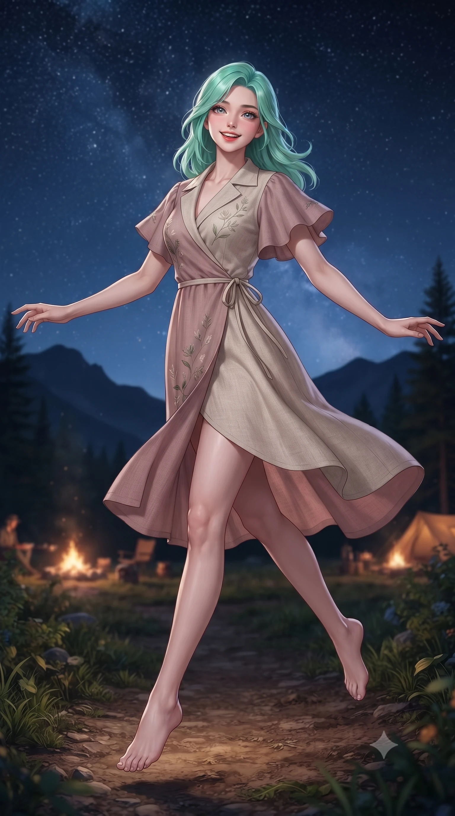 score_9, masterpiece, best quality, ultra-detailed, high-budget anime keyframe, editorial fashion photography, tasteful artistic composition, Japanese woman. low angle full-body shot from head to toe showing her feet, filling the entire 9:16 vertical frame with her statuesque presence, stretching her vertical silhouette. leaping with lighthearted youthful energy across the natural path with a dazzling bright smile and balanced athletic poise while standing poised against a majestic starlit night sky with arms gently outstretched in peaceful wonder. The composition keeps background elements in soft focus with creamy bokeh. dark mountain silhouettes and distant campsite campfires softened in smooth nocturnal depth of field. She has an absolutely perfect, statuesque 8.5-heads proportion, an exceptionally tall and slender model-like female figure with impossibly long slender legs, a toned flat midriff, and an ultra-slim waist. sharp v-shaped jawline, high-bridge nose, intricate jewel-like eyes with depth, thick eyelashes, glossy lips with a natural sheen, pure and lovely fresh girlhood expression, flawlessly proportioned anatomical accuracy, strict slender model proportions, natural body alignment, perfectly sculpted long slender limbs, ultra-slim waistline, clean dynamic posture without body distortion. wearing a romantic wrap-style linen sundress with subtle botanical embroidery and a dainty waist tie in soft dusty rose and oatmeal beige, tailored from crisp organic cotton poplin, featuring elegant flutter sleeves and a graceful open collar, the chic real-way fashion cut emphasizing her effortless charm, flat midriff, and slender model proportions. surrounded by a magical, romantic, and breathtakingly wondrous starlit maiden aura. ultra-reflective glossy finish, specular highlights, rich natural textures, high-contrast stereoscopic depth, volumetric dynamic lighting, 2k, ultra detail, master piece, 9:16 ratio