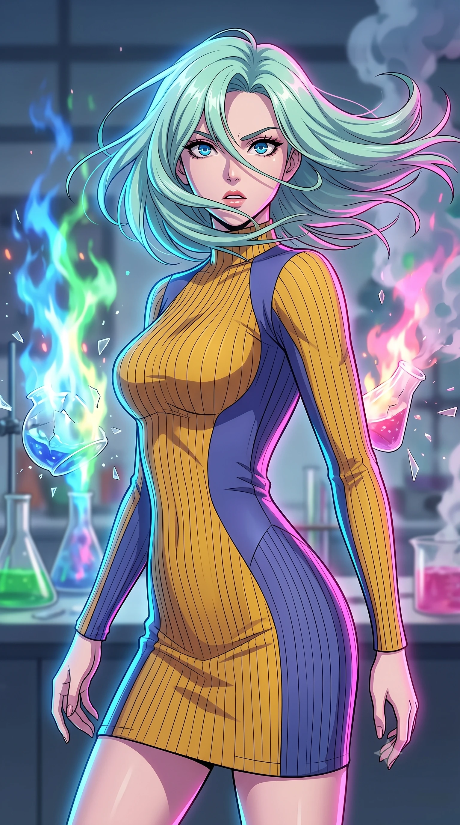 score_9, masterpiece, best quality, ultra-detailed, high-budget anime keyframe, clean line-art, cel-shading, Japanese woman. close-up cowboy shot from the waist and thighs up, the character dominates the composition, filling the frame with her large presence, background elements kept in soft focus. Executing a sudden, fast pivot to face the camera, her hair whipping violently across her face. set against a soft-focus background of a chaotic laboratory where glass beakers are shattering, releasing colorful chemical flames in blue, green, and pink. She has an exceptionally elegant and slender, willowy female figure with an ultra-slim waist, a gracefully sculpted slender torso, and a refined slim physique. sharp v-shaped jawline, high-bridge nose, intricate jewel-like eyes with depth, thick eyelashes, glossy lips with a natural sheen. wearing tailored for maximum mobility, sleek form-contouring panels that allow fluid movement, a slim-fit body-hugging ribbed knit dress in a striking mustard yellow and indigo blue colorway, sculpting her slender proportions. brilliant cinematic volumetric lighting with intense neon rim light outlining her form. highly saturated vibrant anime colors, intense vivid color palette, volumetric dynamic lighting, 2k, ultra detail, master piece, 9:16 ratio