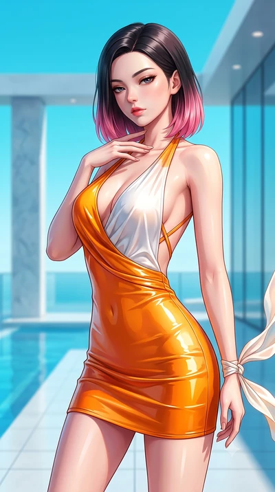 score_9, masterpiece, best quality, ultra-detailed, high-budget anime keyframe, semi-realistic 3D game render, editorial fashion photography, tasteful artistic composition, Korean woman. close-up cowboy shot from the waist and thighs up, the characte