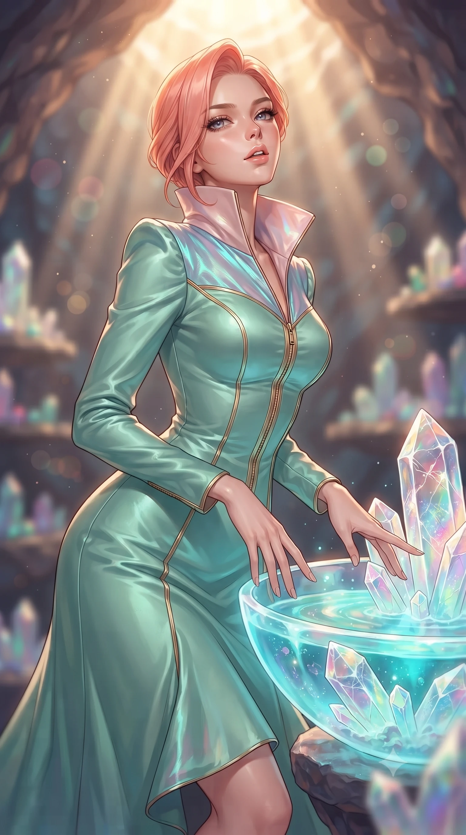 score_9, masterpiece, best quality, ultra-detailed, high-budget anime keyframe, editorial fashion photography, tasteful artistic composition, Japanese woman. close-up cowboy shot from the waist and thighs up, the character dominates the composition, filling the frame with her large presence, background elements kept in soft focus. Tilting her chin up slightly with lips parted in a composed, magnetic expression, resting near a crystal basin filled with glowing bioluminescent water, translucent quartz crystals revealing internal fractures and iridescent colors. She has an exceptionally elegant, slender, and willowy female figure with an ultra-slim waist, a gracefully sculpted slender torso, and a refined silhouette. sharp v-shaped jawline, high-bridge nose, intricate jewel-like eyes with depth, thick eyelashes, glossy lips with a natural sheen. wearing long-sleeved seafoam green satin gown with high structured collar in soft blush pink, made of iridescent turquoise taffeta, finished with metallic gold boning and sleek zipper points, the fitted fabric emphasizing her ultra-slim waist. bathed in warm sunbeams piercing the top of the geode cavern. highly saturated vibrant anime colors, detailed shading with soft gradients, rich glossy textures, high-contrast stereoscopic depth, volumetric dynamic lighting, master piece, 9:16 ratio