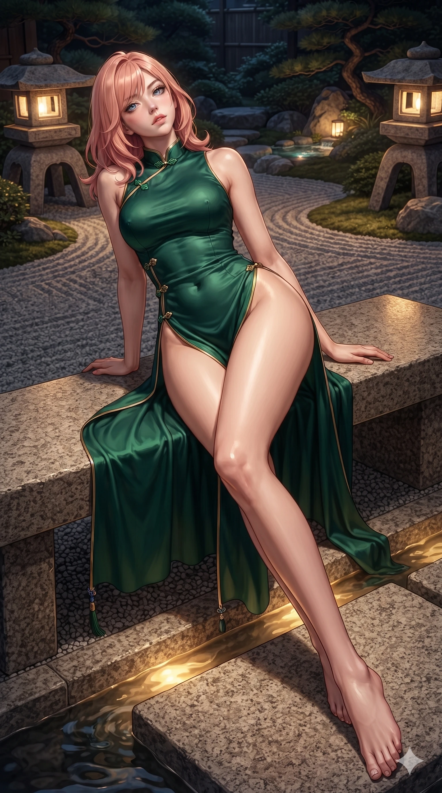score_9, masterpiece, best quality, ultra-detailed, high-budget anime keyframe, editorial fashion photography, tasteful artistic composition, Japanese woman. low angle full-body shot from head to toe showing her feet, filling the entire 9:16 vertical frame with her statuesque presence, stretching her vertical silhouette. sitting poised on the Carrara marble steps with one knee bent, arching her spine with supermodel elegance as she glances upward through thick eyelashes while lounging gracefully on the heated stone bench propped on one elbow with legs extended, her sculpted silhouette and flat midriff radiating magnetic nocturnal glamour. The surrounding environment is rendered in vivid detail and crisp panoramic clarity: sharp gravel rake lines, rough-hewn granite lantern textures, and crisp water ripple edges in deep focus. She has an exceptionally tall and slender model-like 8.5-heads proportion, an ultra-slim waist, a flat toned midriff, narrow delicate ribcage, and beautifully sculpted feminine hips creating a graceful, slim hourglass silhouette without any bulky heaviness, with impossibly long slender legs. sharp v-shaped jawline, high-bridge nose, intricate jewel-like sparkling eyes with depth, thick eyelashes, glossy parted lips with a natural sheen, intensely captivating and seductive bedroom-eyes expression, exuding both youthful cute charm and sovereign luxury allure, flawlessly proportioned anatomical accuracy, strict slender model proportions, natural body alignment, perfectly sculpted long slender limbs, ultra-slim waistline, clean dynamic posture without body distortion. wearing an alluring high-slit wrap cheongsam secured by miniature jeweled clasps and revealing the curve of her hip in deep emerald green satin and gold hardware accents, tailored from heavy double-faced silk georgette with an exceptionally fluid drape, finished with sleek jade frog closures glinting along her high collar, the precision-cut side openings and low-back scoop framing her graceful spine and the sensual sweep of her slim, toned hips. bathed in the rich, intimate 2400K golden radiance of stone lanterns and underwater spring channels. ultra-reflective glossy finish, specular highlights, rich textural contrasts, high-contrast stereoscopic depth, volumetric dynamic lighting, 2k, ultra detail, master piece, 9:16 ratio