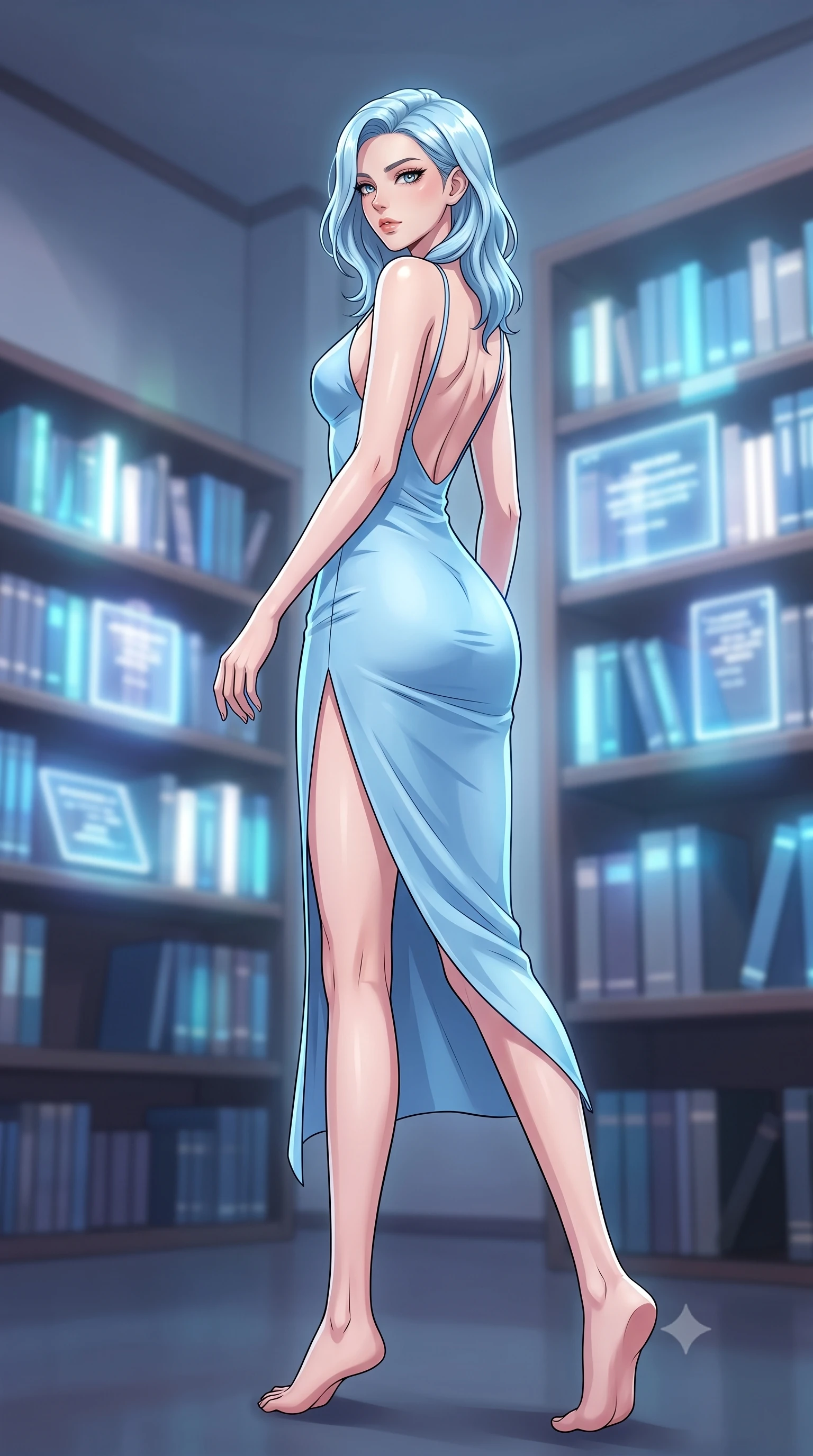 score_9, masterpiece, best quality, ultra-detailed, high-budget anime keyframe, tasteful artistic composition, Korean woman. low angle full-body shot from head to toe showing her feet, filling the entire 9:16 vertical frame with her statuesque presence, stretching her vertical silhouette. stepping gracefully while looking back over her shoulder, her dress draped tightly to reveal her silhouette the background shows a soft-focus a quiet library archives room with digital books emitting soft holograms. She has an absolutely perfect, statuesque 8.5-heads proportion, an exceptionally tall and slender model-like female figure with impossibly long slender legs and an ultra-slim waist. sharp v-shaped jawline, high-bridge nose, intricate jewel-like eyes with depth, thick eyelashes, glossy lips with a natural sheen. wearing a body-hugging lightweight silk slip dress in baby blue with a high side slit and a low-cut back. soft white and blue glow casting an intelligent, mysterious ambiance. highly saturated vibrant anime colors, cel-shading, 2d style, master piece, 9:16 ratio
